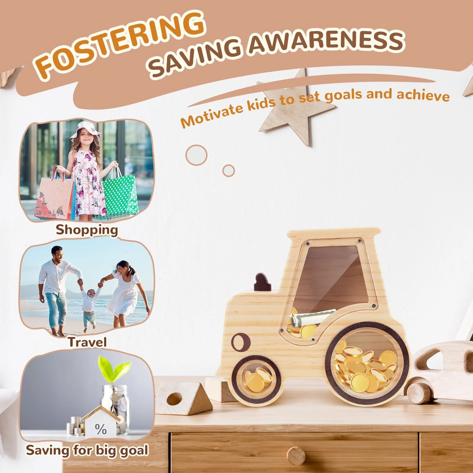 Скарбничка дерев'яна дитяча Трактор з маркером та наклейками, фото №4