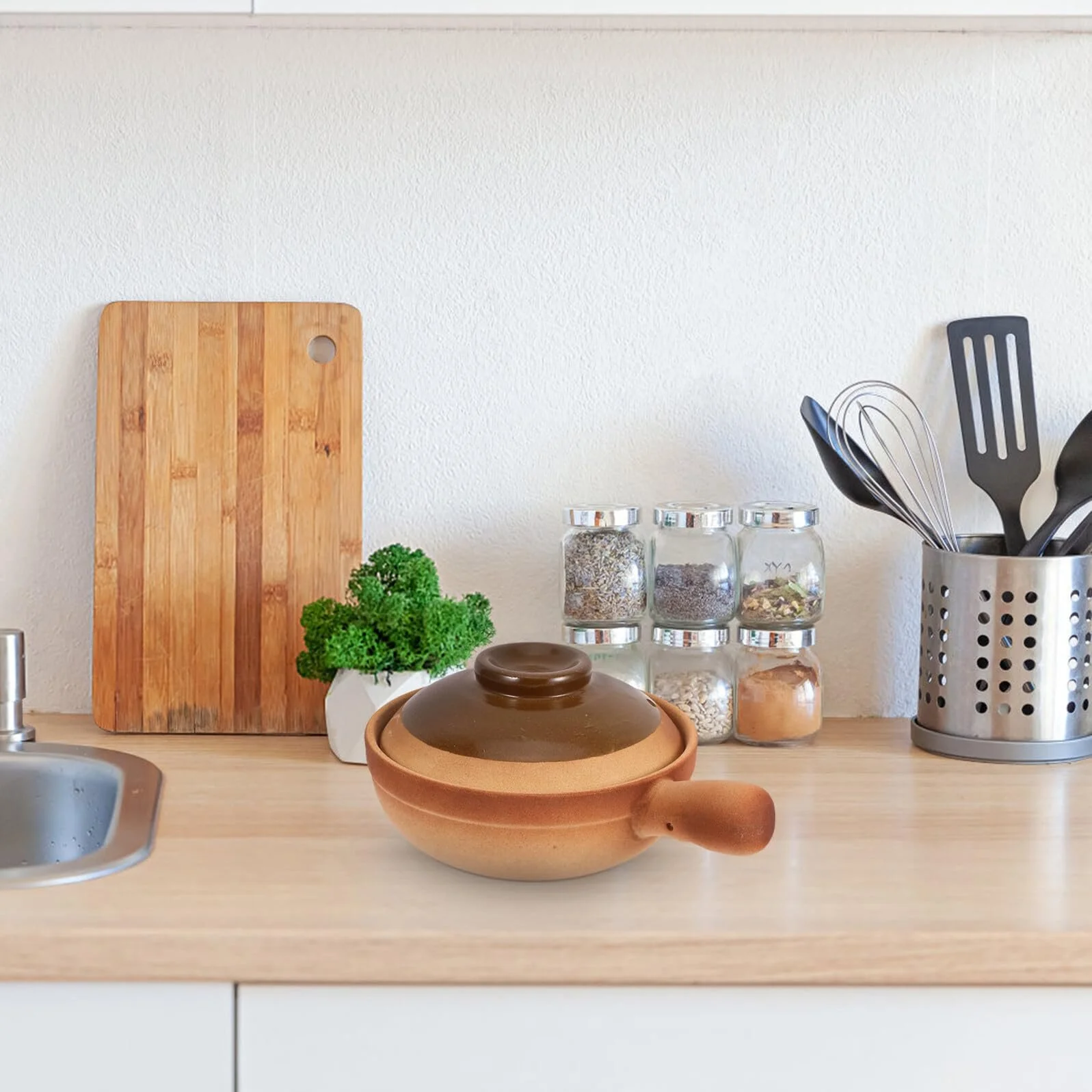 Глиняный горшок Traditional Clay Pot с крышкой керамический 850 мл с боковой ручкой жаропрочный, фото №6