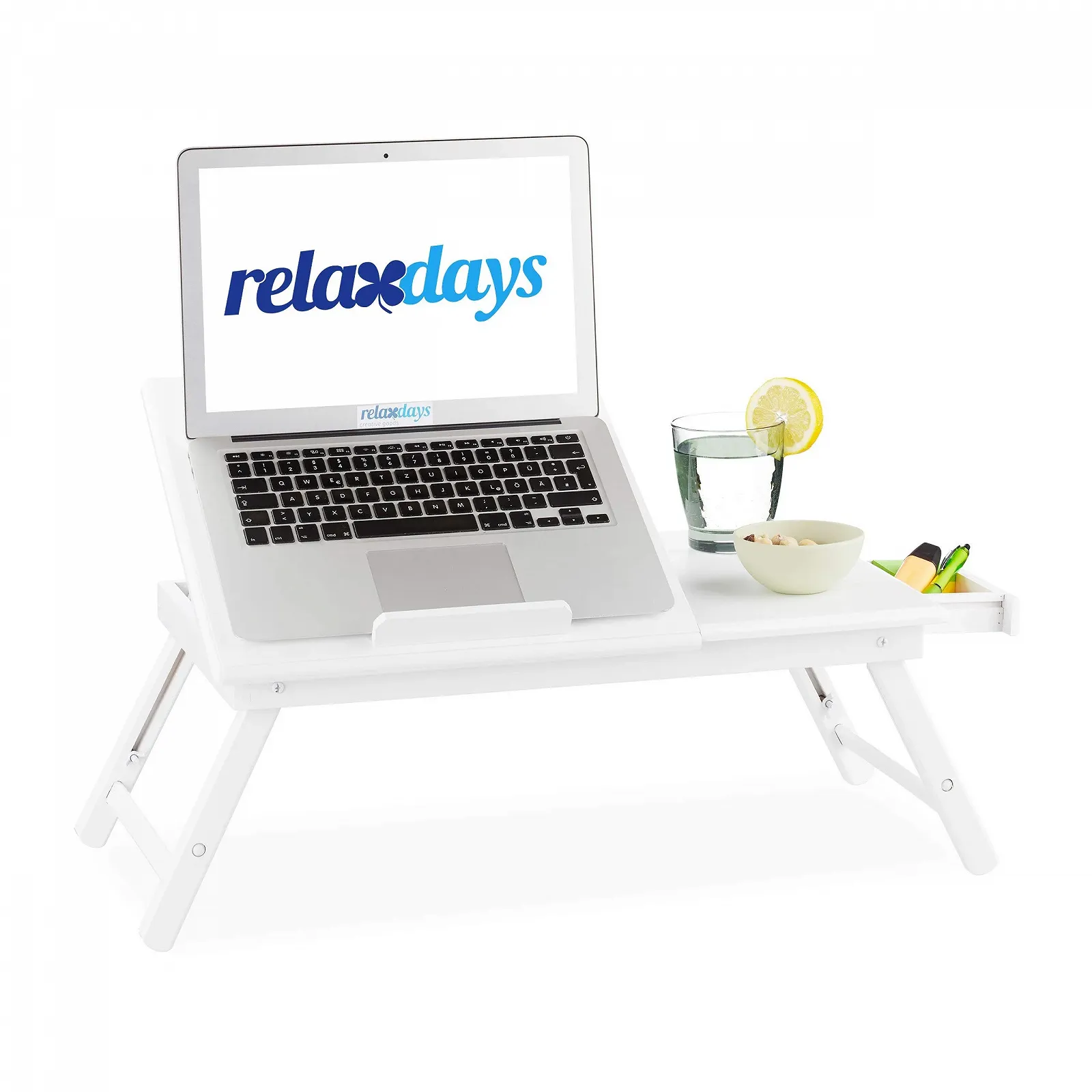 Столик для ноутбука бамбуковый Relaxdays регулируемый по высоте для кровати и дивана с ящиком 24 x 60 x 35 см белый, фото №1