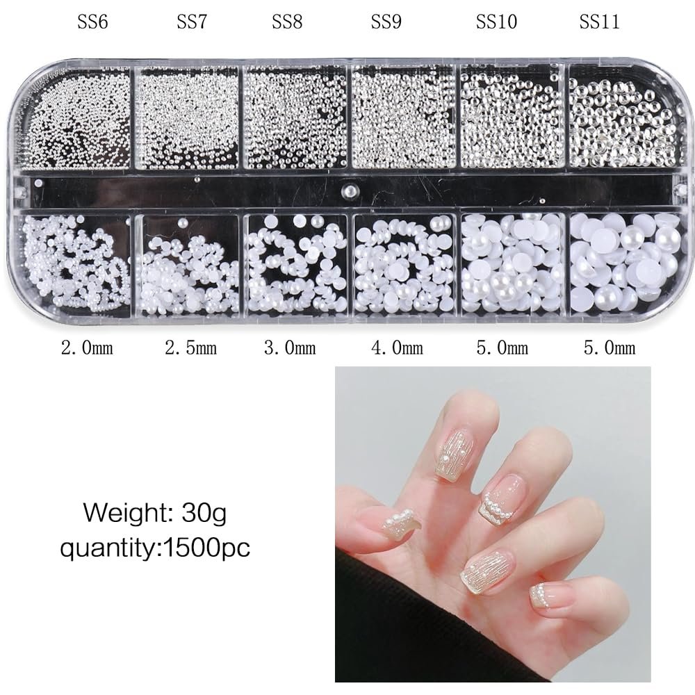 Стразы для ногтей 1 Box/12 Grid, белые бусины для ногтей, полукруглые жемчужные шарики, украшения для ногтей, маленькие бусины из нержавеющей стали, икорные бусины, белые плоские бусины для ногтей/DIY, фото №2