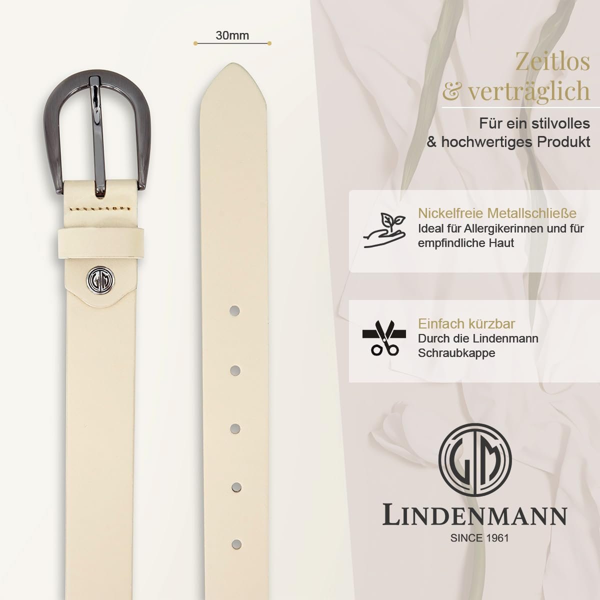 Ремень Женский LINDENMANN из кожи крупного рогатого скота Alabaster Белый, фото №3