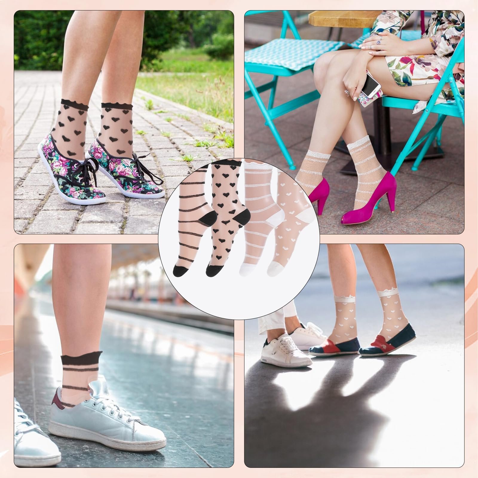 Прозрачные носки 4 пары Кружевные короткие носки Женские ультратонкие сетчатые летние носки до икры для девушек-женщин Универсальный размер Белый + Черный, фото №7