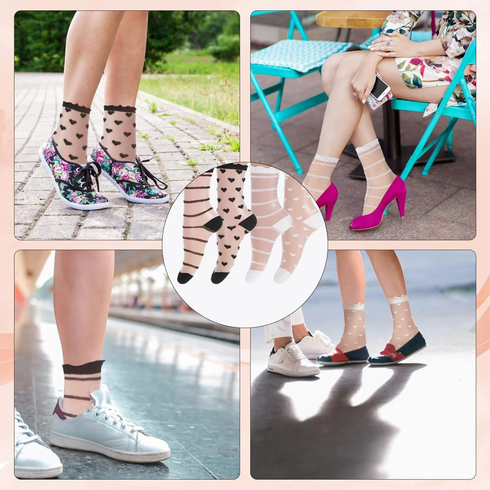 Прозрачные носки 4 пары Кружевные короткие носки Женские ультратонкие сетчатые летние носки до икры для девушек-женщин Универсальный размер Белый + Черный, фото №7