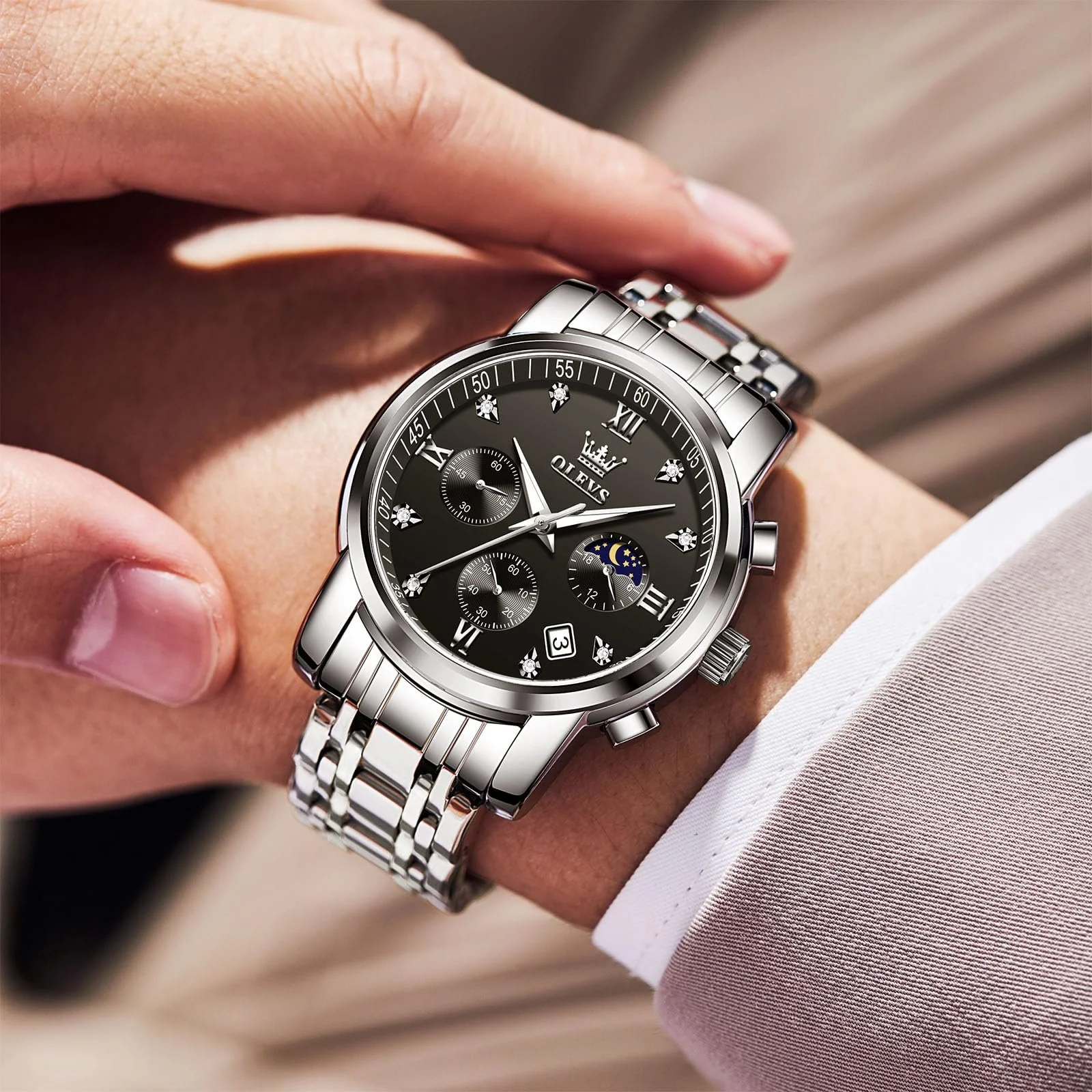 Часы OLEVS Хронограф Кварцевые Аналоговые Мужские С Датой Бриллиант Светящиеся Серебристый, фото №8 Часы OLEVS Хронограф Кварцевые Аналоговые Мужские С Датой Бриллиант Светящиеся Серебристый, фото №8
