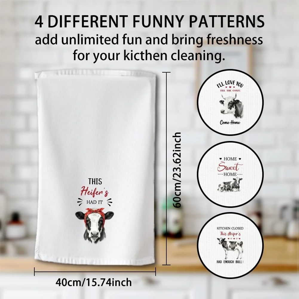 Полотенца WADORN Funny Cow Motif Набор из 4 шт. 60 x 40 см Микрофибра, фото №3