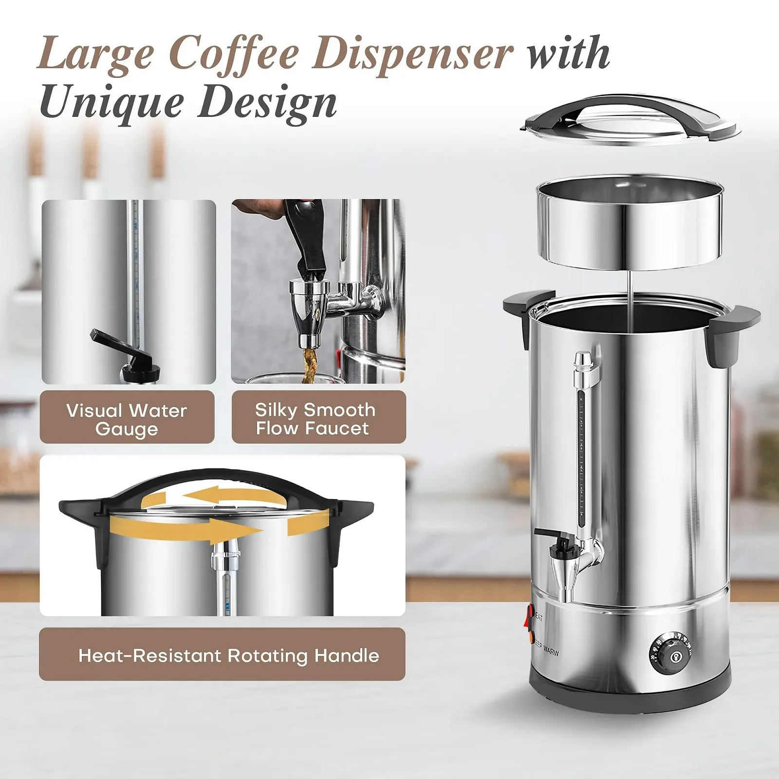 Кофемашина Bostar с круглым фильтром 12 л, 75 чашек, функция заваривания и подогрева, интеллектуальный контроль температуры, индикатор уровня, Нержавеющая сталь, фото №5