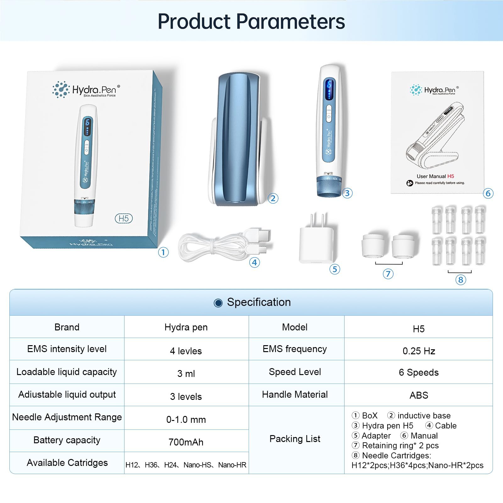 Прибор для микронидлинга Hydra.pen H5, профессиональный дермапен с EMS, LED цифровой дисплей, интеллектуальная сенсорная база, 8 картриджей (12/36/HR Pins), фото №6