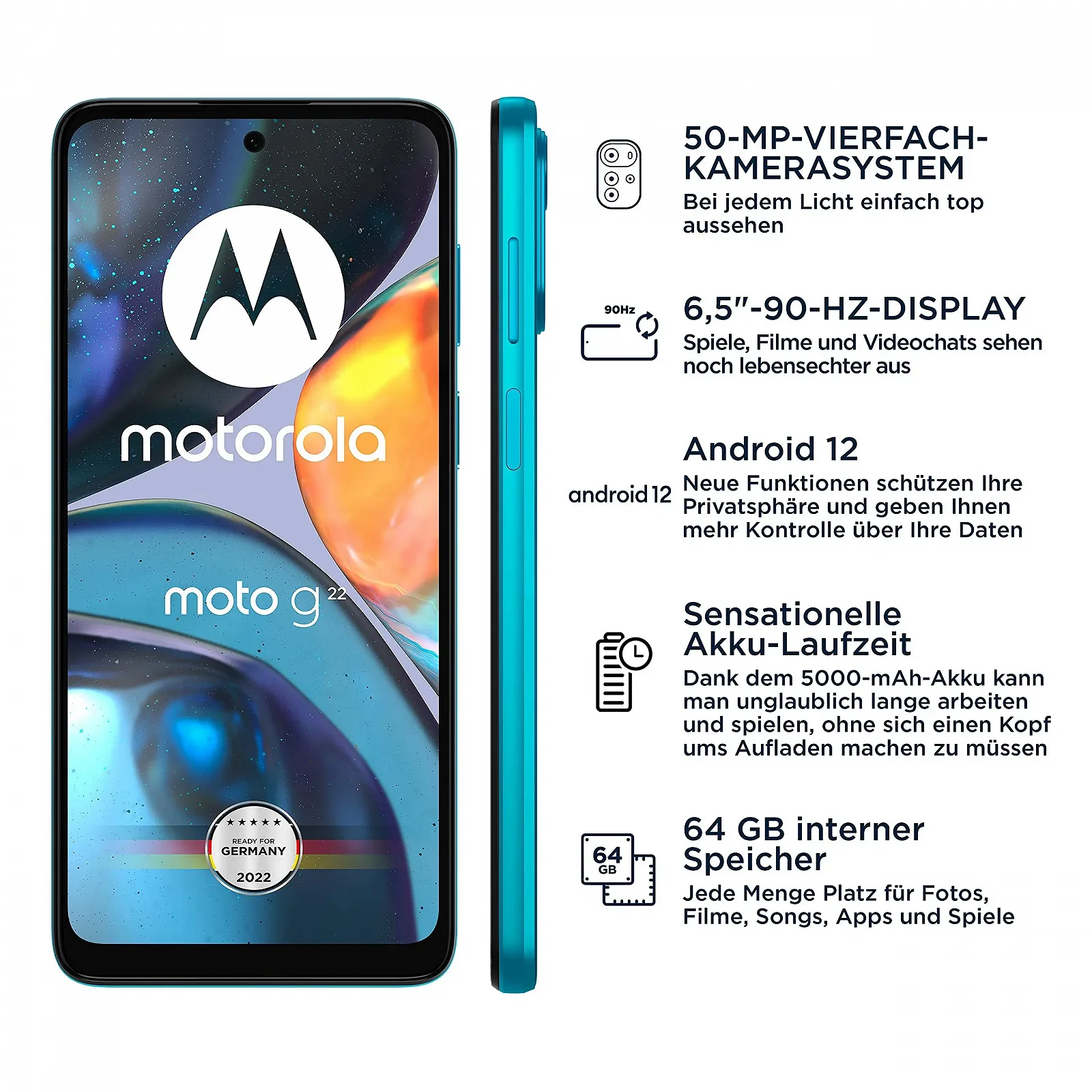Смартфон Motorola Moto G22 6.5" HD+ 50MP 4 ГБ / 64 ГБ 5000 мАч Android 12 Iceberg Blue Car Adaptor, фото №2