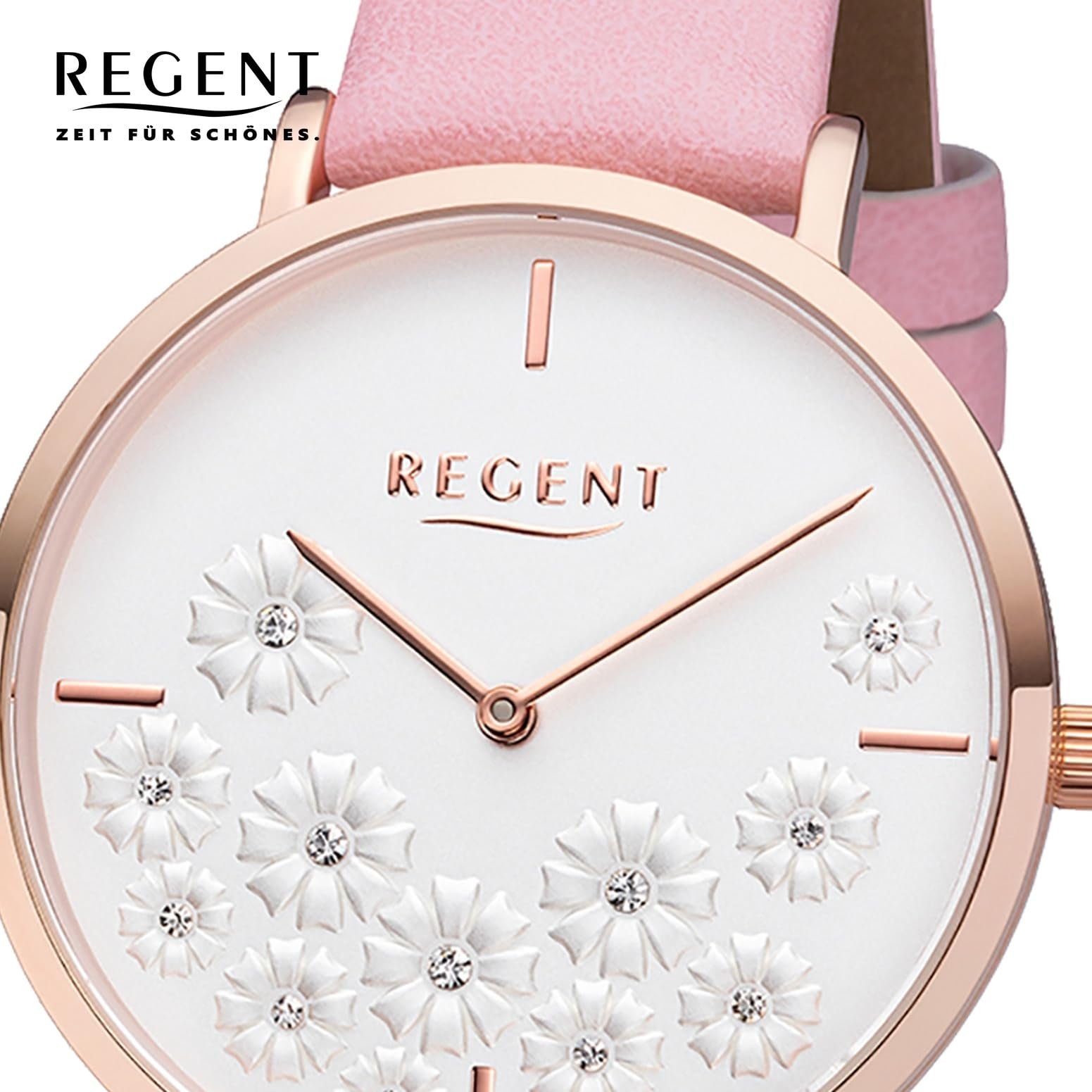 Женские часы REGENT BA-593 36 мм с цветочным дизайном циферблата, розовое золото/розовый, розовое золото / белый, ремешок, фото №5