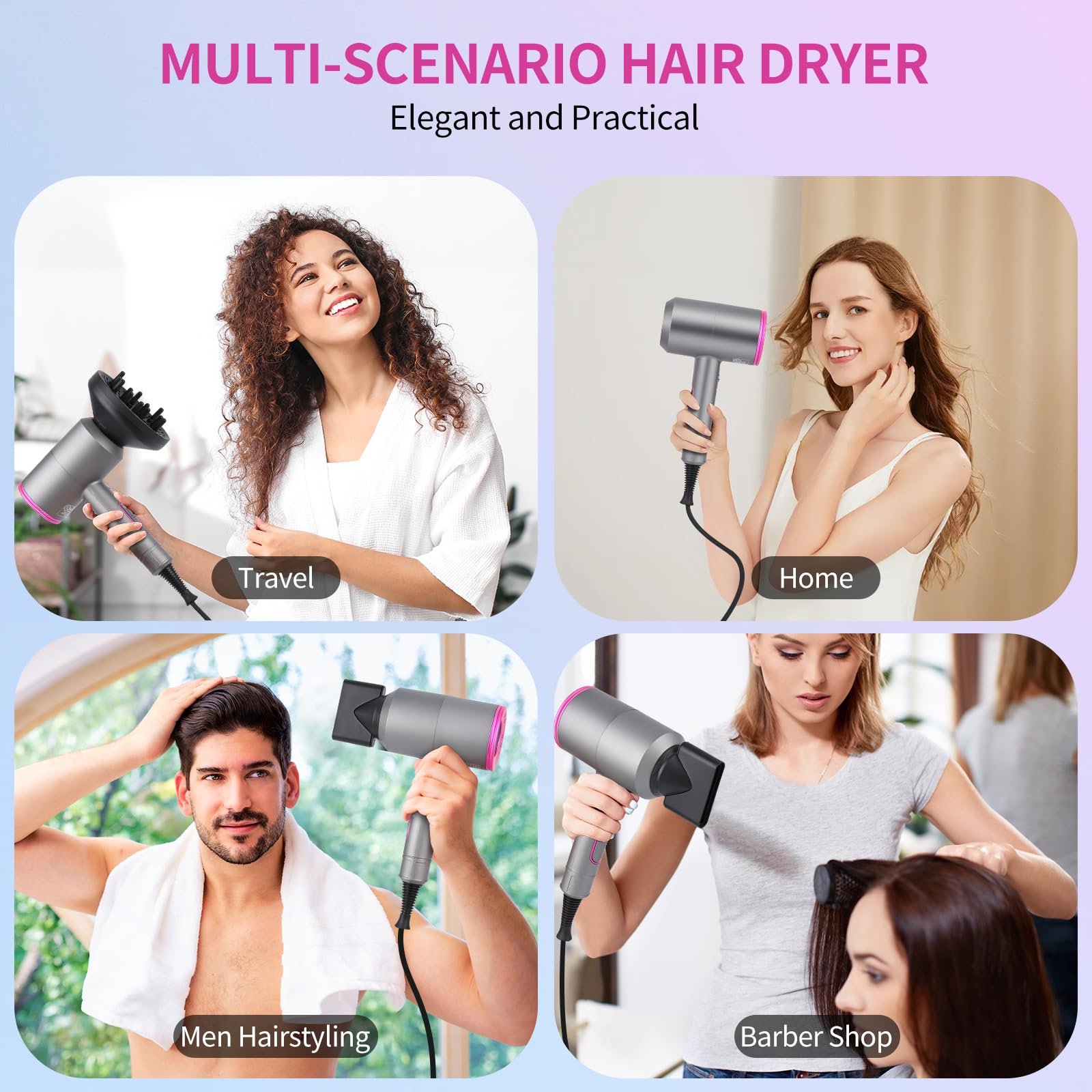 Фен Euakee Professional 2000 Вт, для швидкого сушіння, дорожній, 2 швидкості, 3 температурні режими, 1 дифузор та 2 концентратори, сірий, фото №6