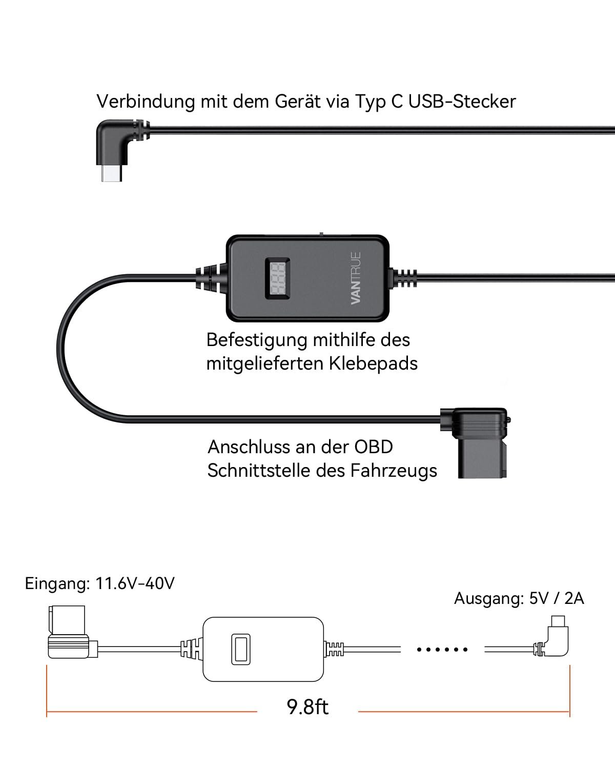 Дисплей OBD Hardwire VANTRUE USB C з 3 рівнями для тримача відеореєстратора Vantrue, захист від низької напруги 11.6В/12В/12.4В, 23.6В/24В/24.4В, 24-годинний моніторинг паркування, довжина 3 метри (VP04), фото №7