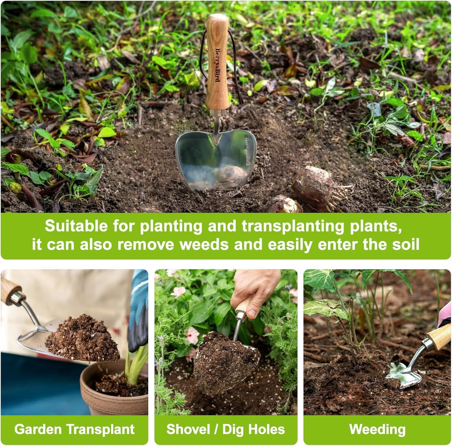 Лопата совковая Berry&Bird Садовий з гострим лезом, дерев'яною ручкою, нержавіючої сталі для посадки, копання, пересадки та обрізки, фото №6