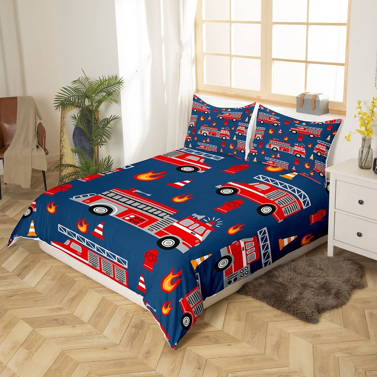 Постельное белье Loussiesd, пожарная машина, подростковое, автомобильное, 135 x 200 см, для мальчиков, пожарный, комплект, синий, красный, украшение комнаты, противопожарная защита, знания, молния, фото №2