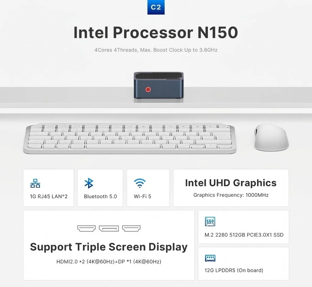 Міні ПК ORiGiMaGiC C2 / Intel N150 / RAM 12GB / SSD 512GB / 2 x HDMI / 2 x LAN / Wi-Fi 5 / Bluetooth 5.0 / Windows 11 / Чорний, фото №5 Міні ПК ORiGiMaGiC C2 / Intel N150 / RAM 12GB / SSD 512GB / 2 x HDMI / 2 x LAN / Wi-Fi 5 / Bluetooth 5.0 / Windows 11 / Чорний, фото №5