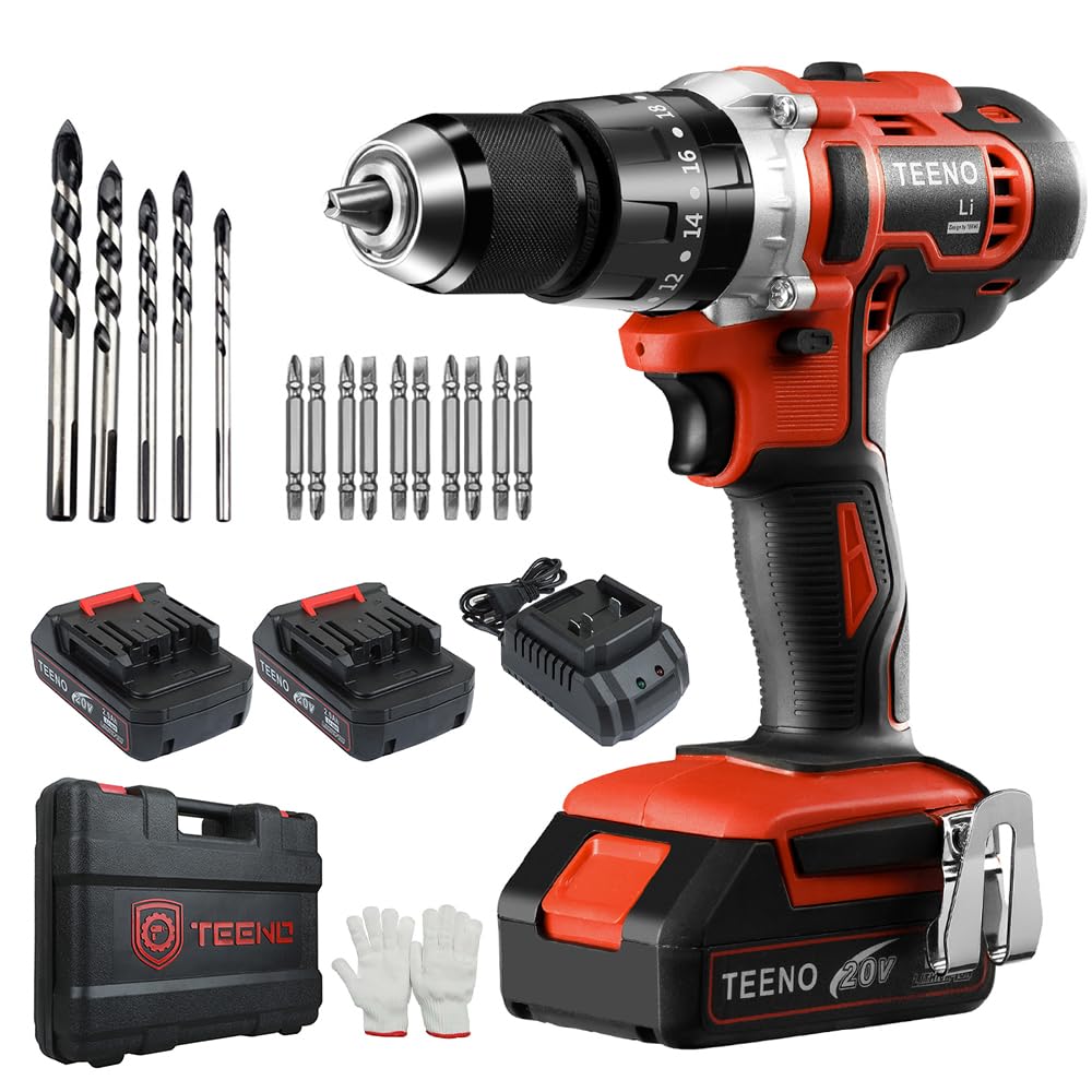 Дриль-шурупокрут TEENO бездротовий 0-1650 об/хв з 2 батареями 2.0 Ah 45 Нм, 20+3 рівнів крутного моменту та 2 швидкісних режими, фото №1