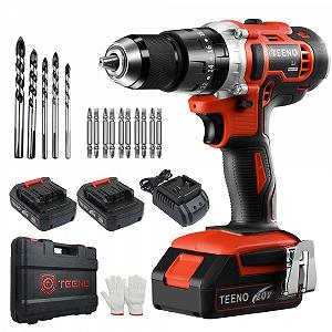 Дриль-шурупокрут TEENO бездротовий 0-1650 об/хв з 2 батареями 2.0 Ah 45 Нм, 20+3 рівнів крутного моменту та 2 швидкісних режими - Фото 1