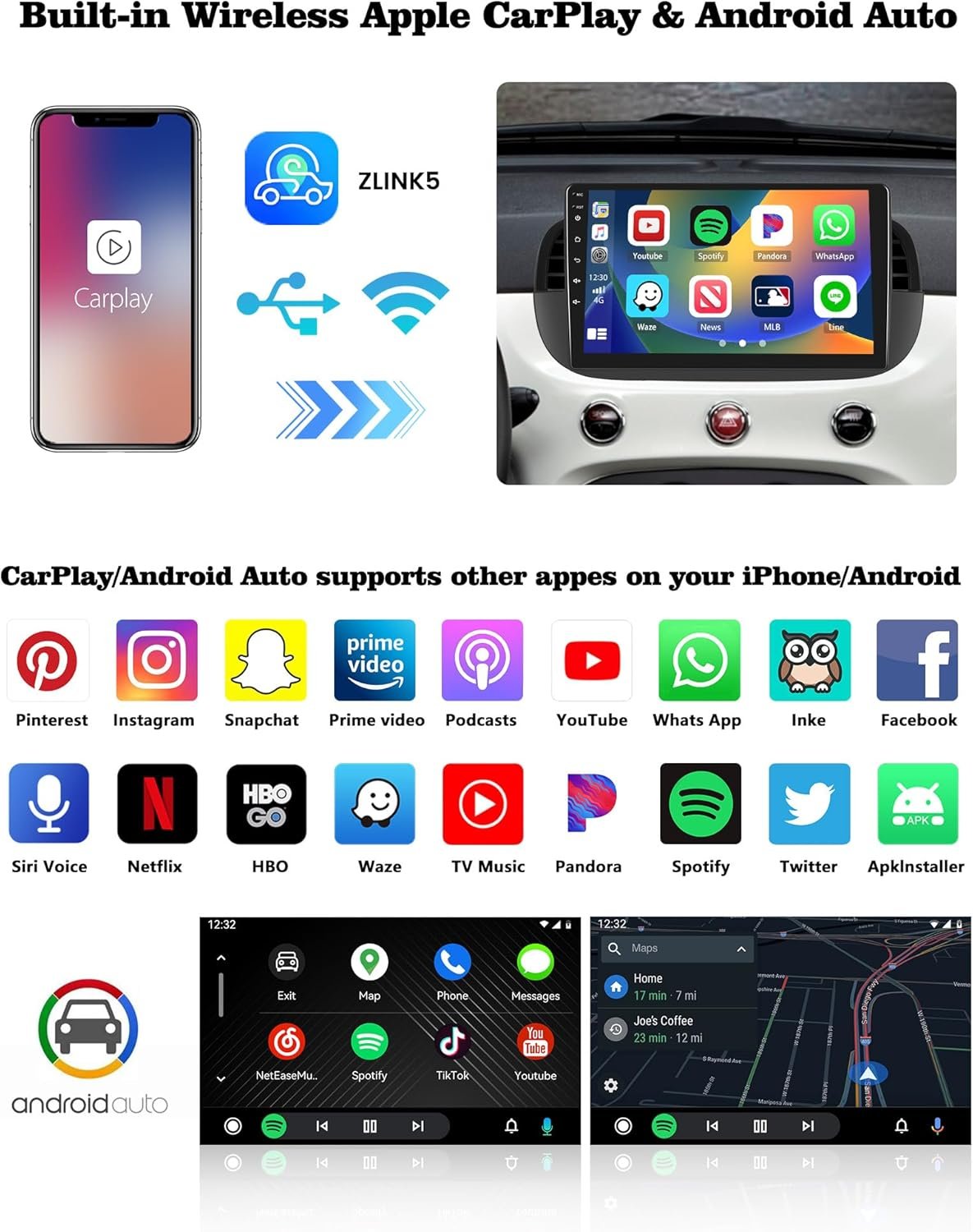 Штатна автомагнітола Hikity для FIAT 500 2007-2015 / 9" / Сенсорна / 2/64Гб / Android 13 / Apple CarPlay / Android Auto / Bluetooth / WI-FI / GPS / USB / 2DIN, фото №2