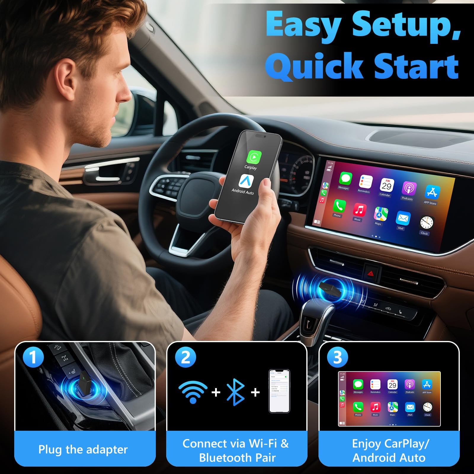 Адаптер Wireless CarPlay & Android Car 2-в-1 USB Dongle Беспроводной для автомобилей Подключи и играй Быстрое стабильное соединение Совместим с 2016 года выпуска, фото №7