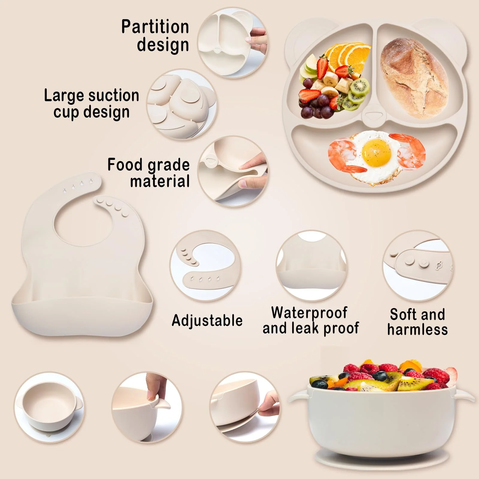 Набор детской посуды Dazhtu 10 предметов: силиконовая детская тарелка, нескользящая с присоской, миска, слюнявчик, ложка, вилка, поильник, фруктовый набор, бежевый, фото №3 Набор детской посуды Dazhtu 10 предметов: силиконовая детская тарелка, нескользящая с присоской, миска, слюнявчик, ложка, вилка, поильник, фруктовый набор, бежевый, фото №3