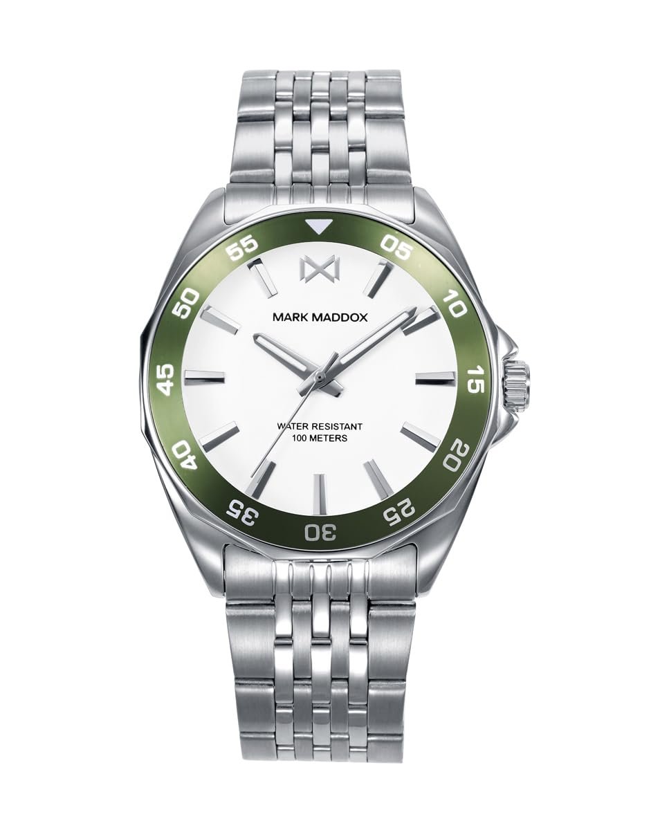 Женские часы Mark Maddox MM1029-07 Сталь Серебристый Белый циферблат Зеленый безель Водонепроницаемые 100 м Серебряный, фото №1