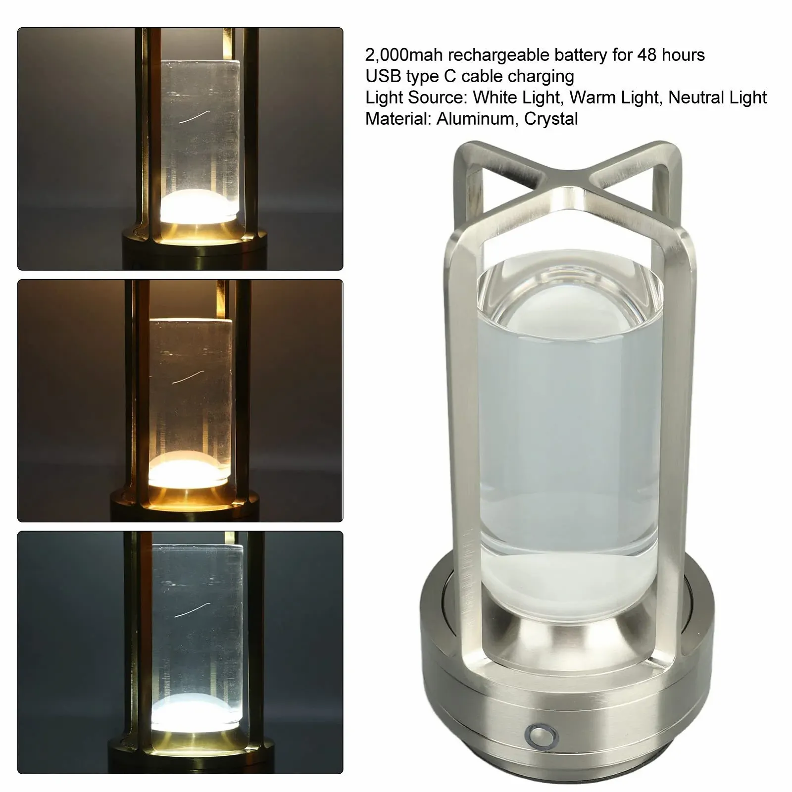 Бездротова настільна лампа світлодіодна акумуляторна сенсорна 3 кольори Срібляста, фото №7