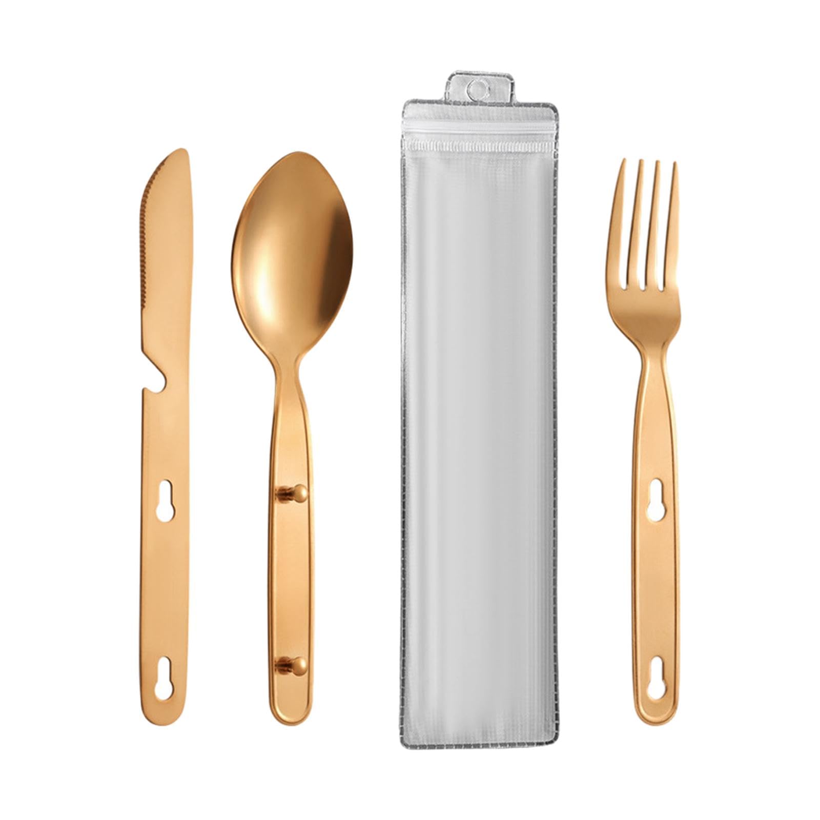 Набір столових приборів Generic 3x для кемпінгу туристичний багатофункціональний інструмент із нержавіючої сталі ложки для барбекю, подорожей, рожеве золото, фото №7