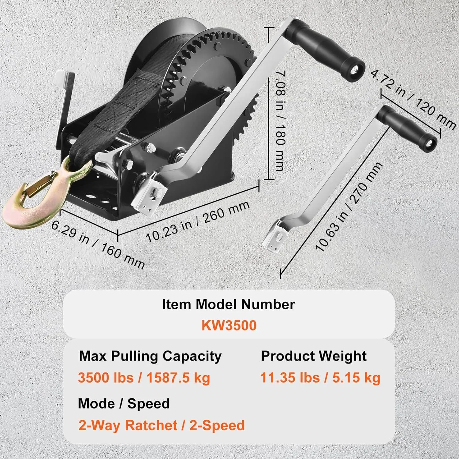 Ручная лебедка VEVOR KW3500 Черная, фото №8 Ручная лебедка VEVOR KW3500 Черная, фото №8
