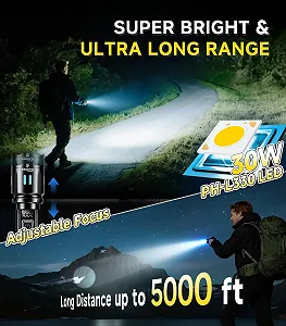 Ліхтар Esgofo LED Перезаряджуваний Надзвичайно Яскравий 1000000 Люменів, Дуже Яскравий Довготривалий 15 Годин USB C Далекобійний 1000 м, Регульований Фокус та Режими Освітлення для Зовнішньої Безпеки synthetic.ua - Фото 1