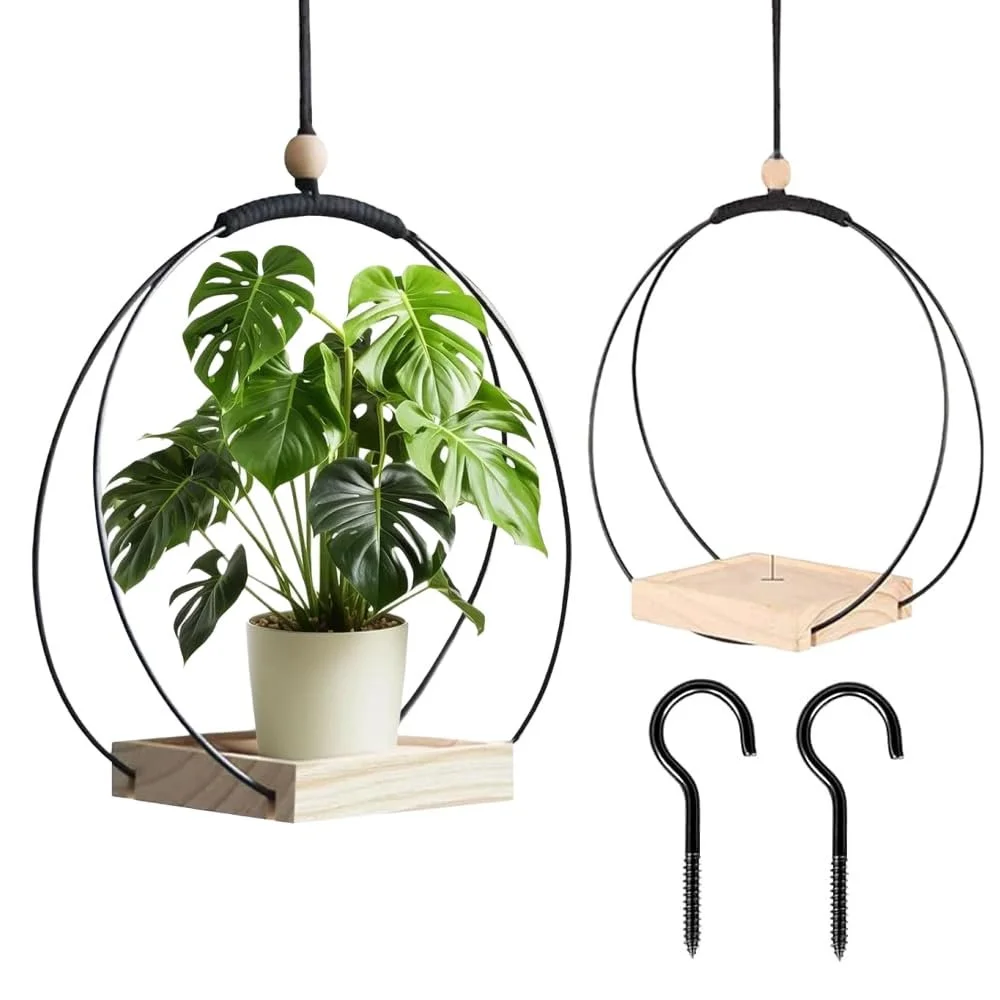 Підвісні кошики 2 шт. сучасні в стилі бохо з дерев'яною основою та металевим кільцем, фото №1 Підвісні кошики 2 шт. сучасні в стилі бохо з дерев'яною основою та металевим кільцем, фото №1