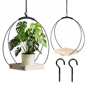 Підвісні кошики 2 шт. сучасні в стилі бохо з дерев'яною основою та металевим кільцем - Фото 1