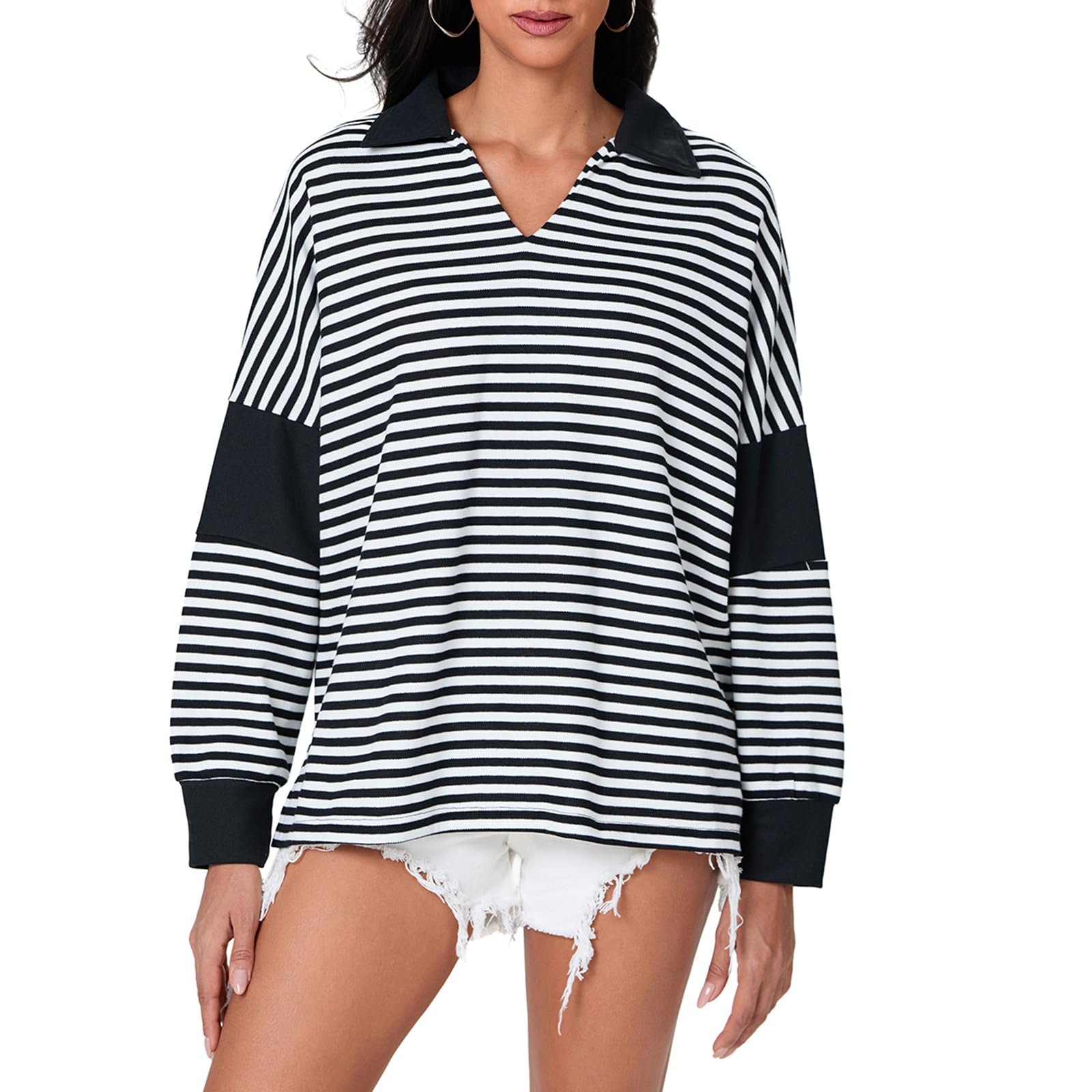 Женский полосатый свитшот SANSIWU, контрастный цвет, длинный рукав, воротник с лацканами, на пуговицах, осенне-зимний, Y2K, повседневный, большой пуловер, фото №2