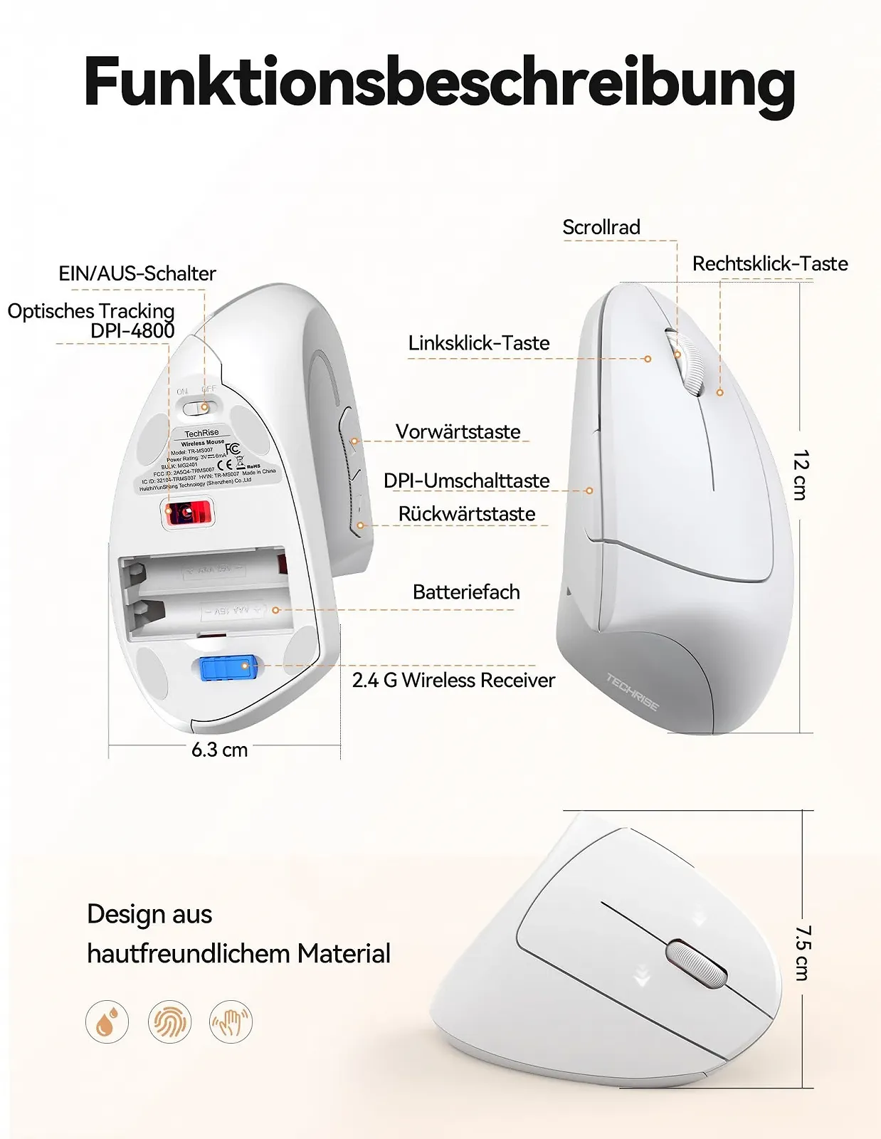 Мышь TechRise Беспроводная вертикальная 4800 DPI оптическая Тихая 6 кнопок Белый, фото №8