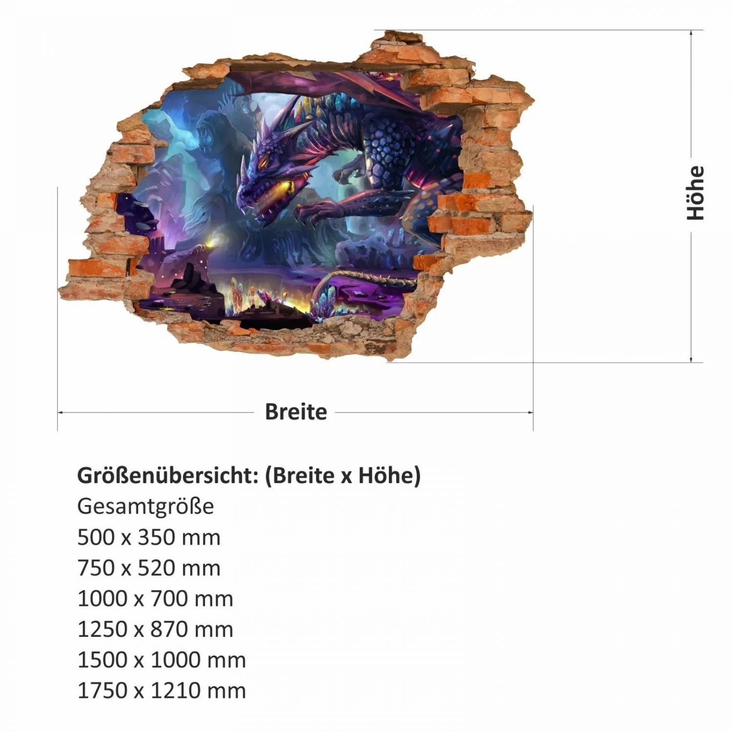 Наклейка на стіну nikima 097 Дракон Фентезі Дірка в стіні 1250 x 870 мм, фото №4
