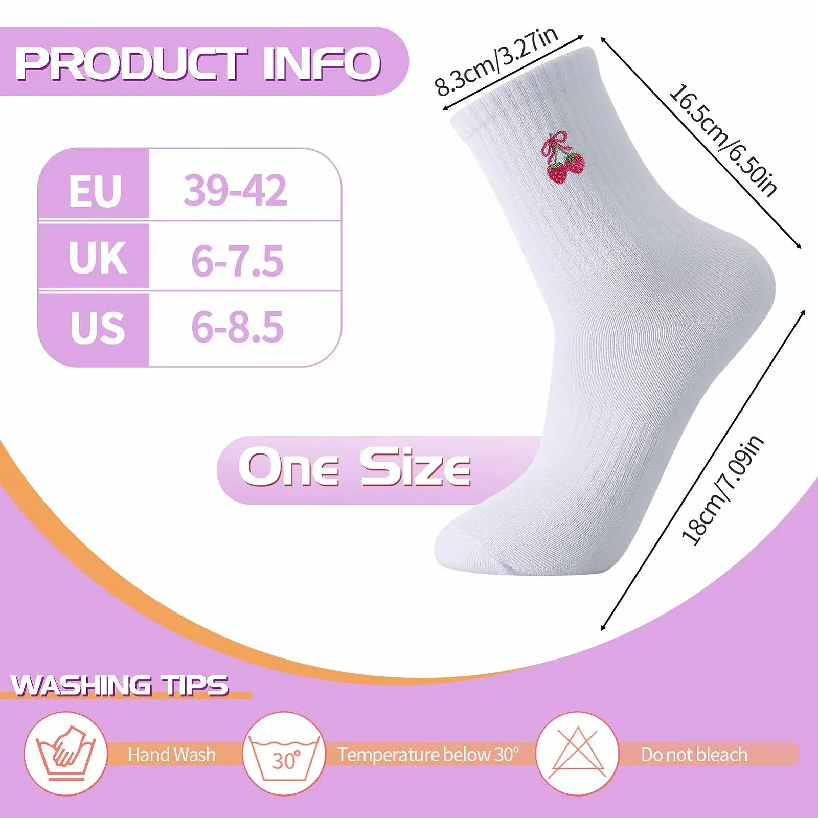 Теннисные носки Белый цвет, 4 пары, размер 38-42, с полосками и рисунками клубники и вишни, фото №2