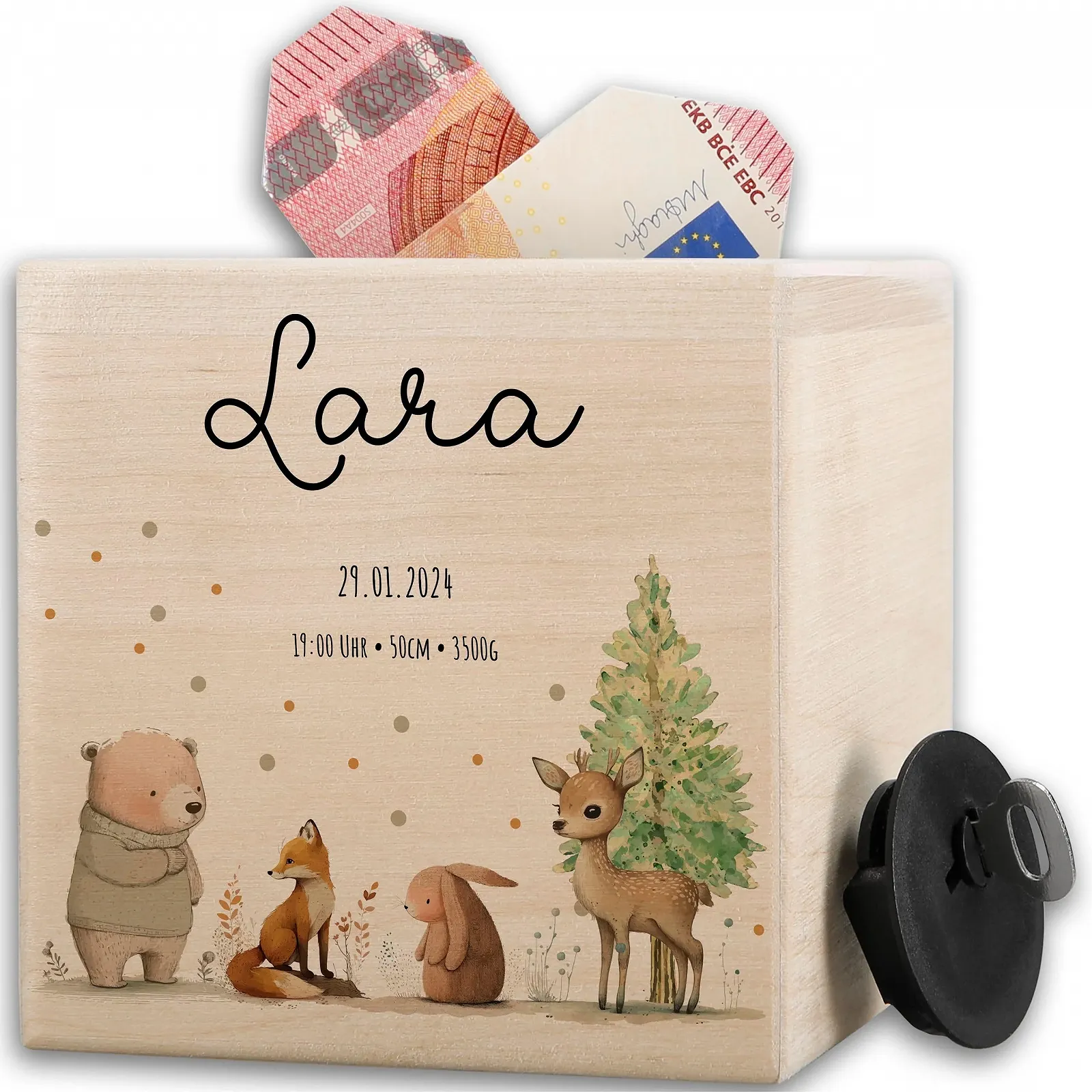 Скарбничка дерев'яна персоналізована Лісові звірі Ведмідь із замком та ключем, фото №1