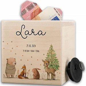 Скарбничка дерев'яна персоналізована Лісові звірі Ведмідь із замком та ключем - Фото 1