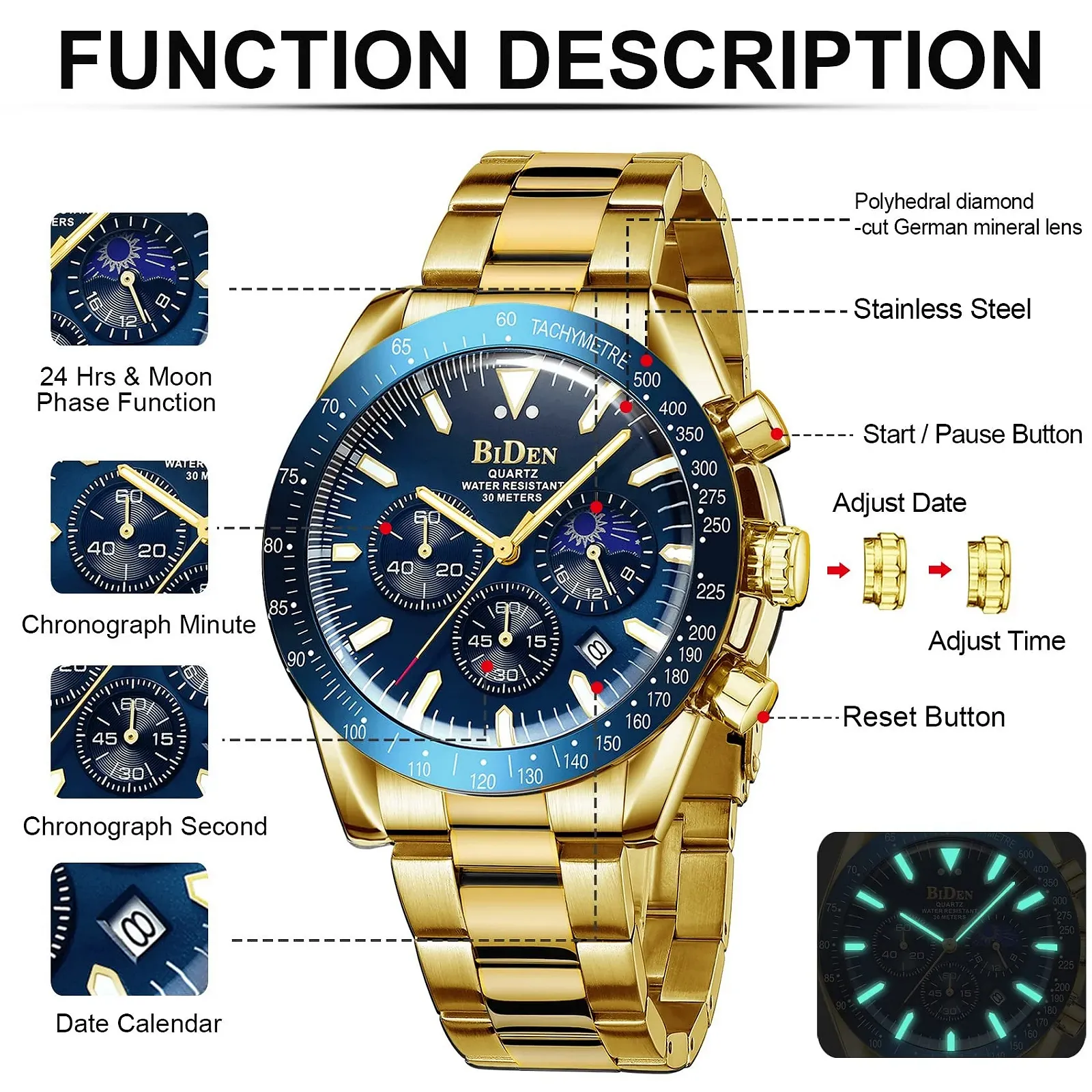 Чоловічий годинник HANPOSH Хронограф з нержавіючої сталі Водонепроникний, фото №5 Чоловічий годинник HANPOSH Хронограф з нержавіючої сталі Водонепроникний, фото №5