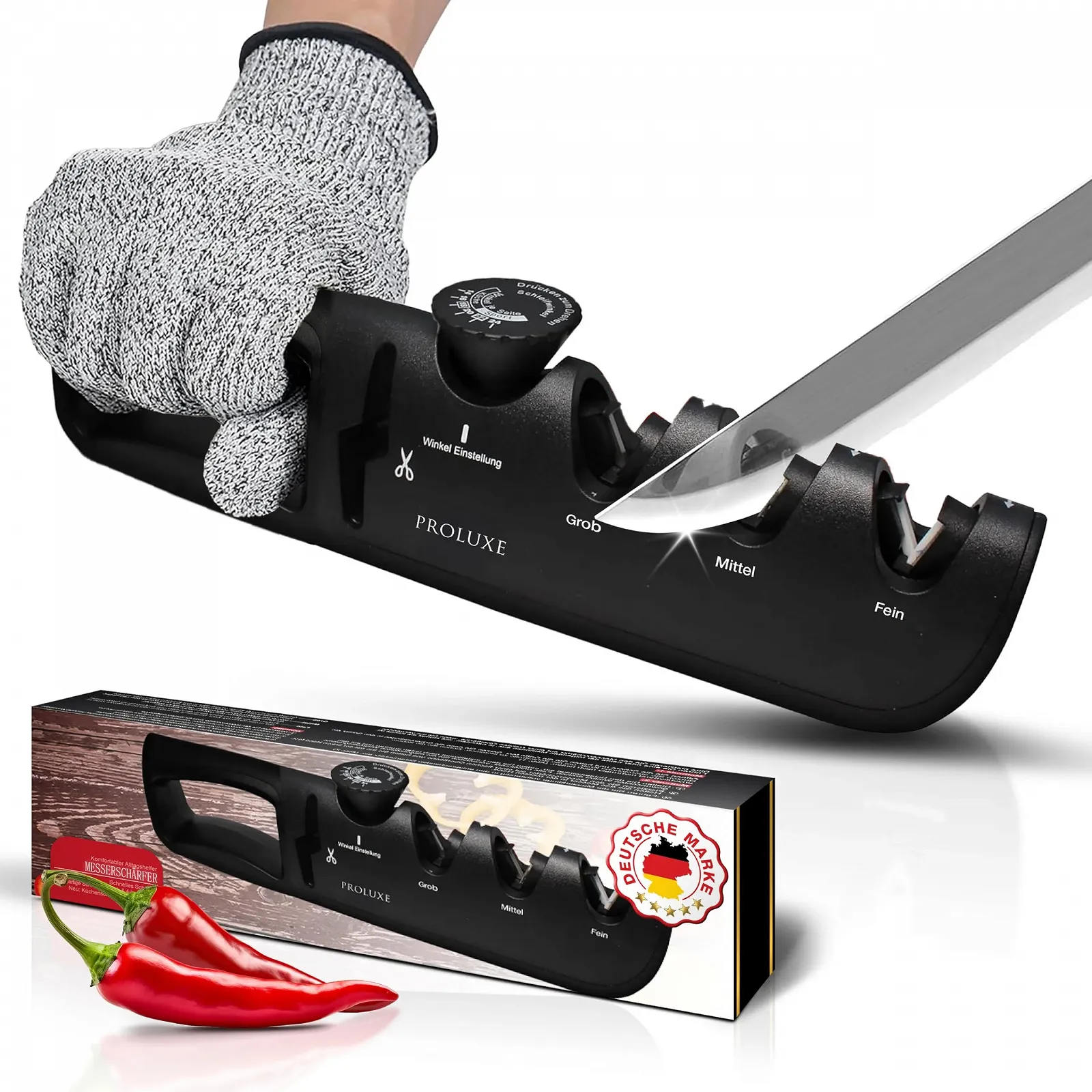 Точилка для ножів Proluxe Professional 4-ступінчаста з направляючою кута та точилкою для ножиць Diamond, фото №1