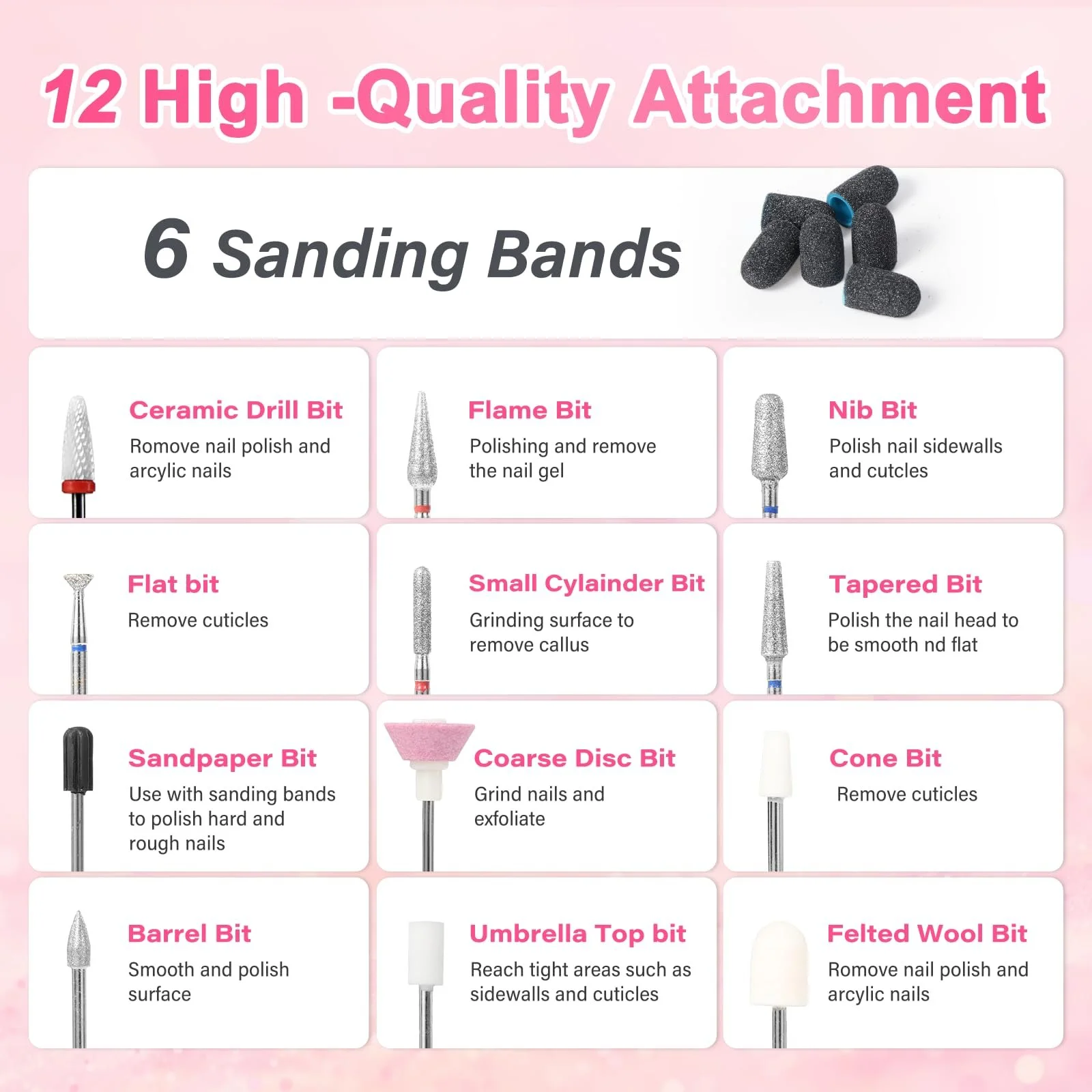 Машинка для нігтів Brencco Professional Wireless, 12-в-1 для гелевих нігтів 18000 об/хв, 8 тримачів для свердлильних головок, подвійна зарядка Type-C, фото №5