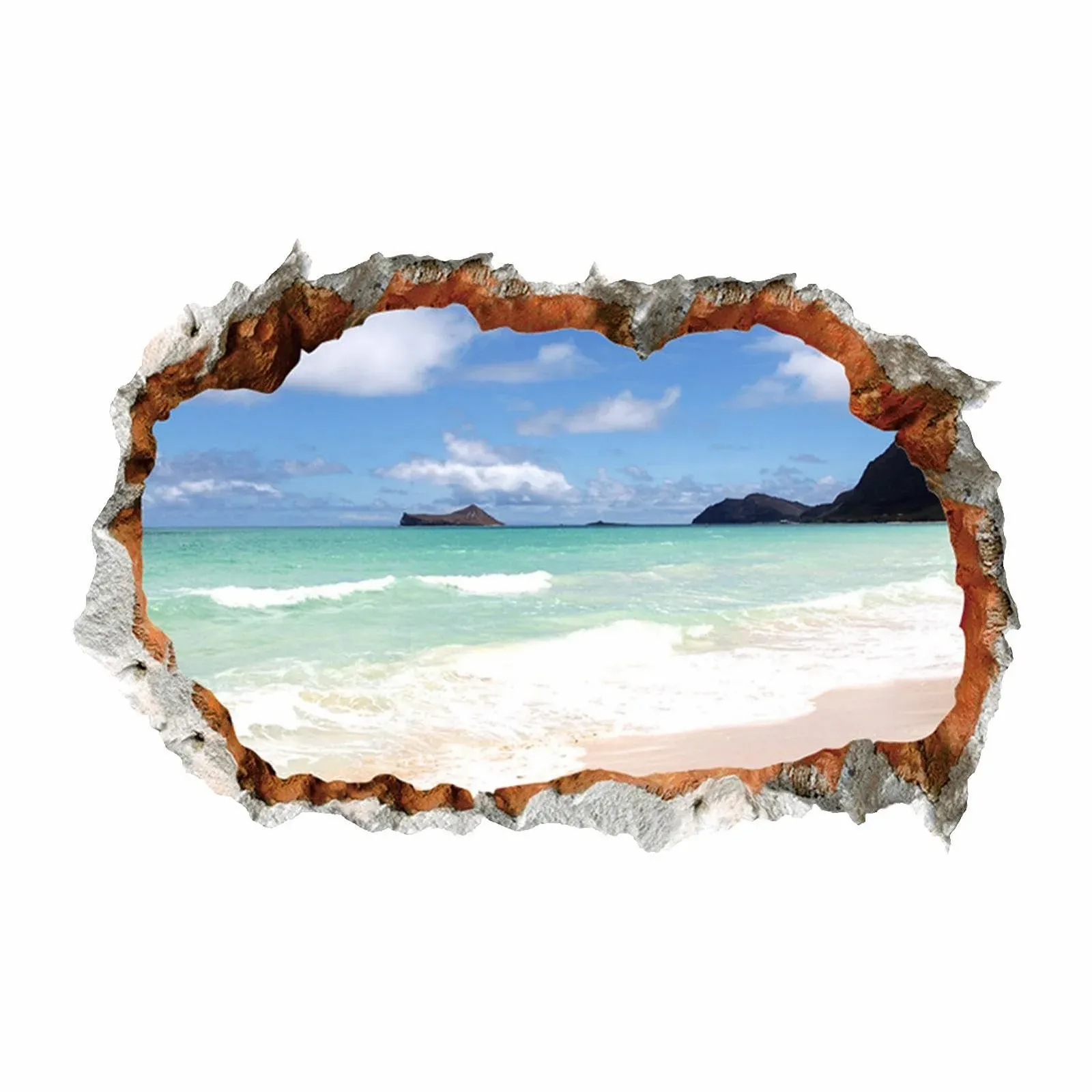 Наклейка на стіну Пляжна сцена 3D ефект розбитої стіни для спальні, фото №1