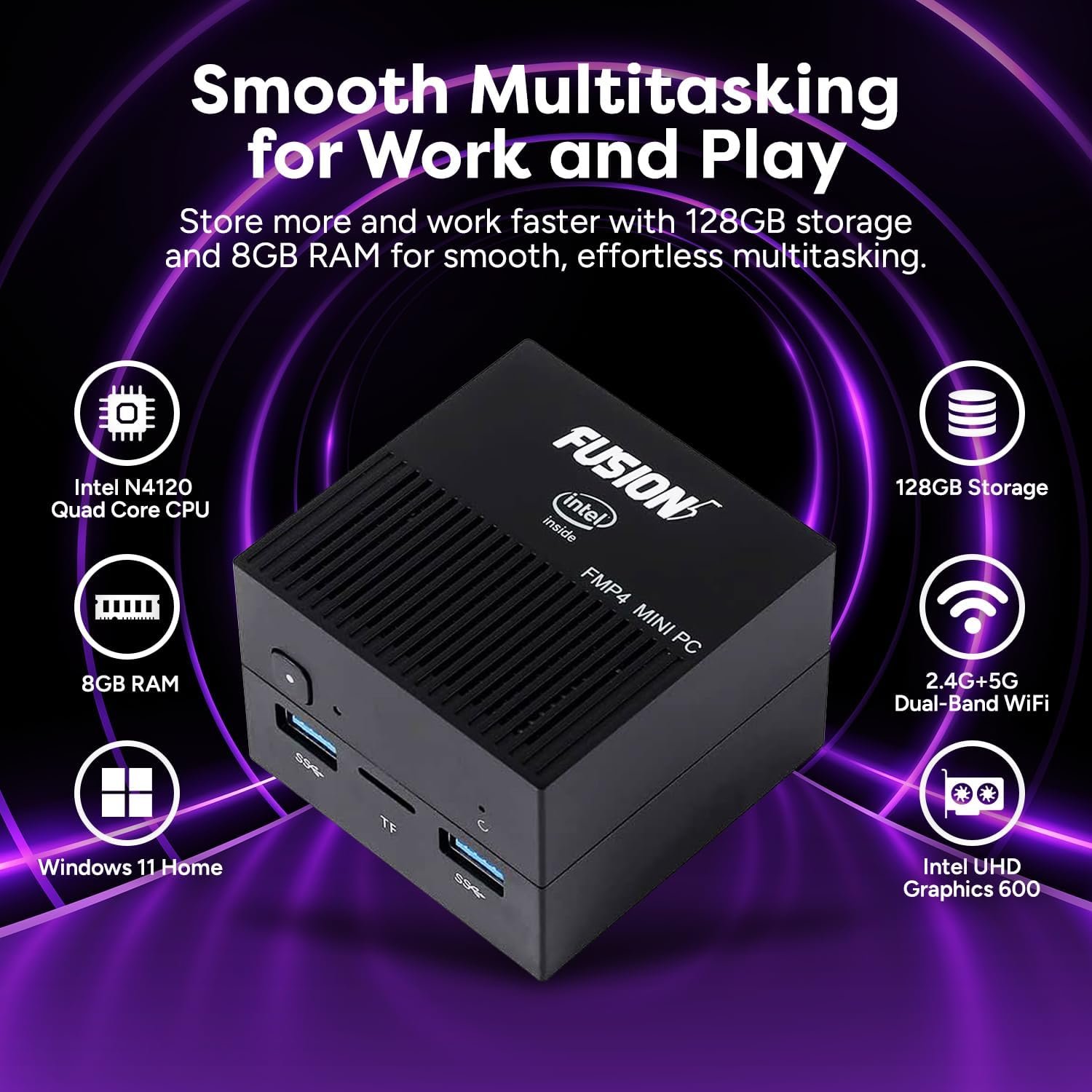 Міні ПК Fusion5 FMP4 / Intel N4120 / RAM 8GB / SSD 128GB / 1 x HDMI / Wi-Fi 5 / Bluetooth 4.2 / Windows 11 Home / Чорний, фото №5