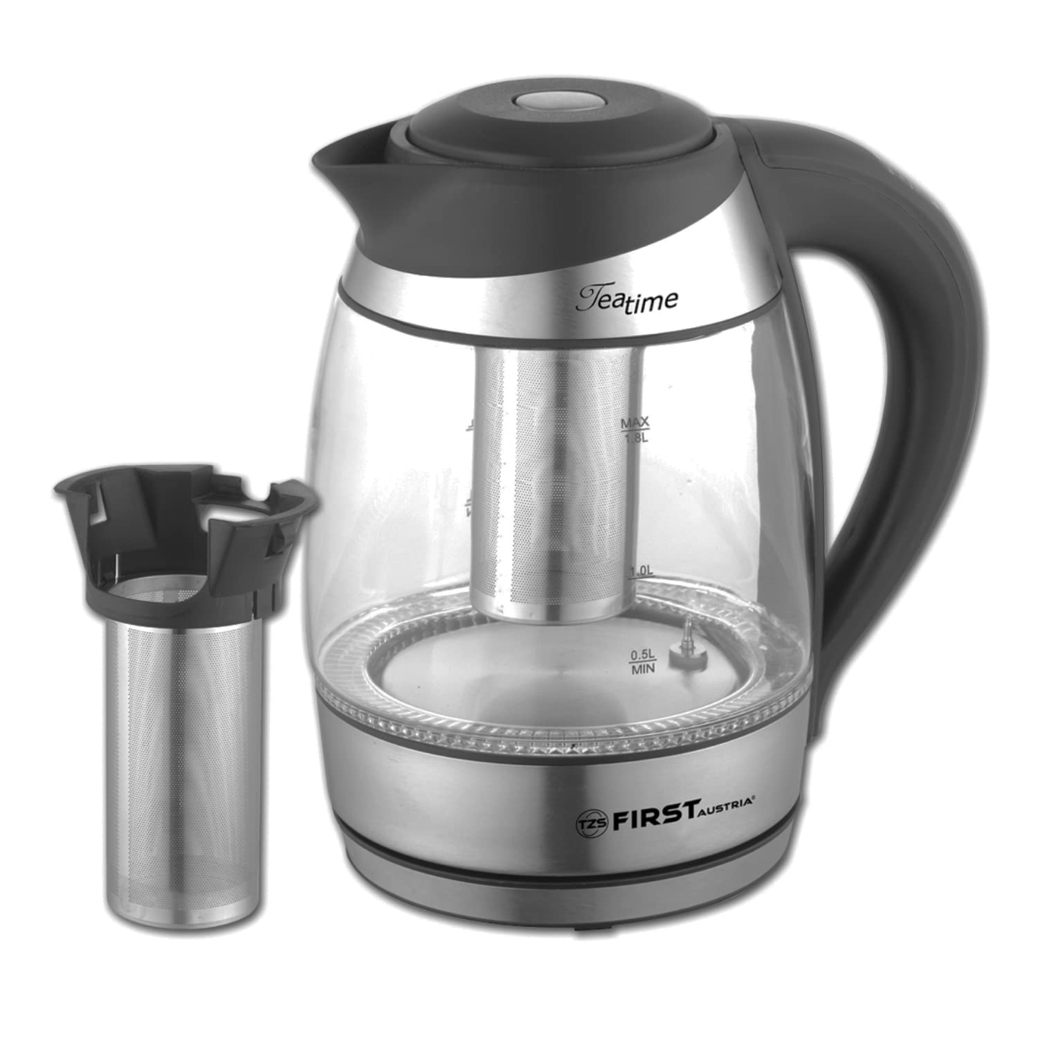 Електрочайник TZS First Austria 1.8 L з нержавіючої сталі Скляний з ситом для чаю та фільтром від накипу З LED підсвіткою Чорний, фото №1