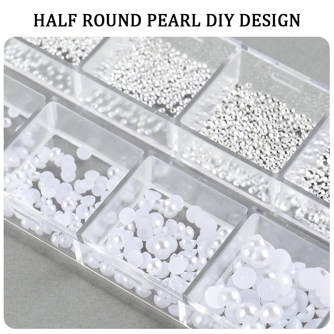 Украшения для акриловых ногтей, 1 коробка/12 отделений со стразами для ногтей, белые жемчужины для ногтей, полукруглые жемчужные шарики, подвески для ногтей, маленькие бусины для ногтей, драгоценные камни для ногтей, фото №3