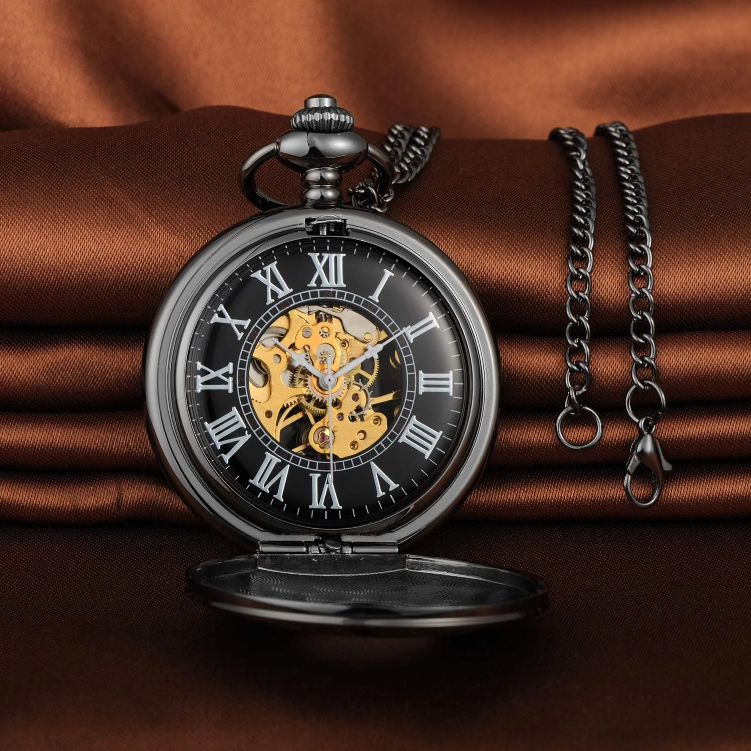 Карманные часы MICGIGI Унисекс с цепочкой-ожерельем, аналоговые, с ручным заводом, черные, с римскими цифрами, механические, винтажные, фото №4