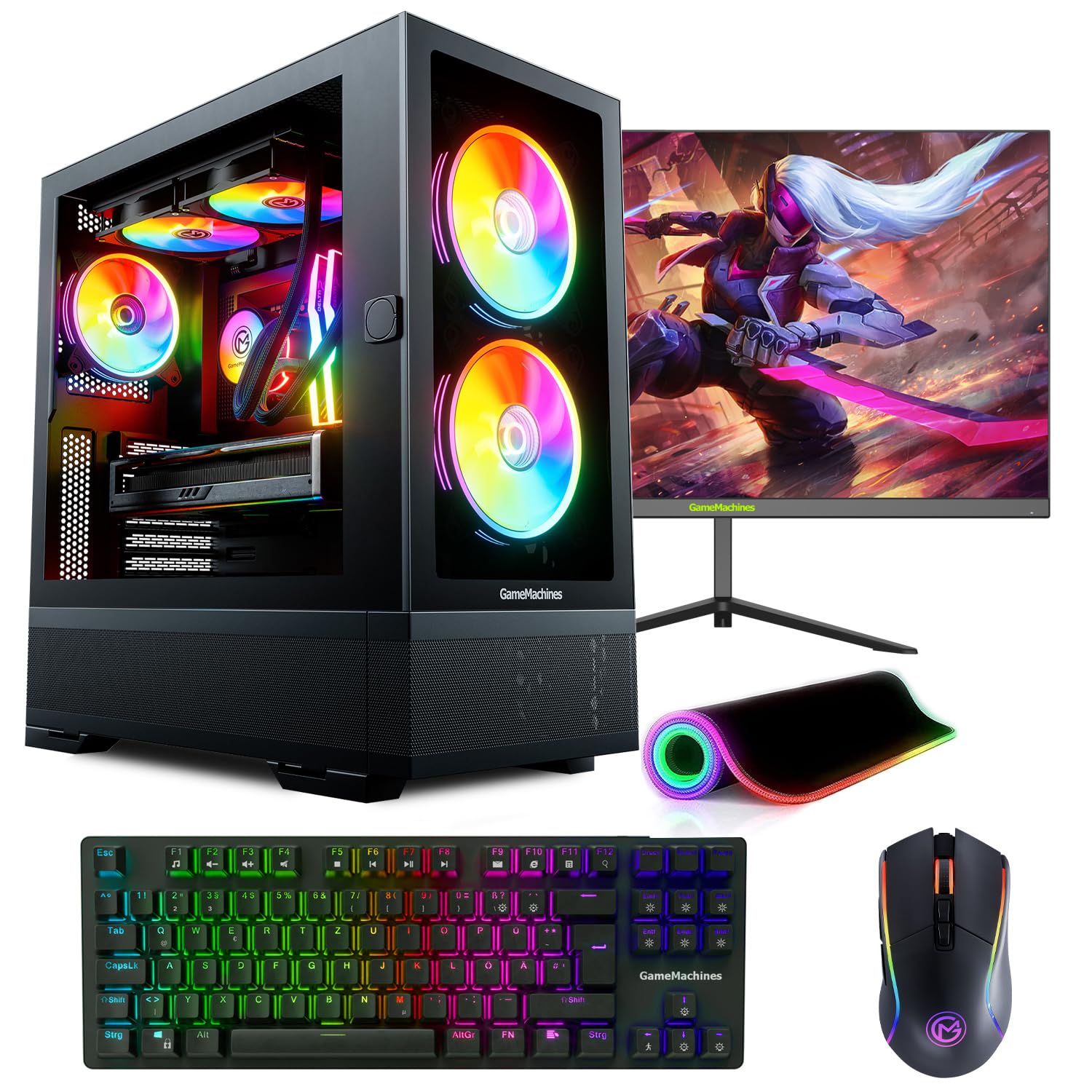 Ігровий ПК GameMachines Element AMD Ryzen 7 5700X GeForce RTX 4060 32GB RGB DDR4 1TB SSD водяне охолодження клавіатура миша монітор 24 дюйми 165Гц Win 11, фото №1