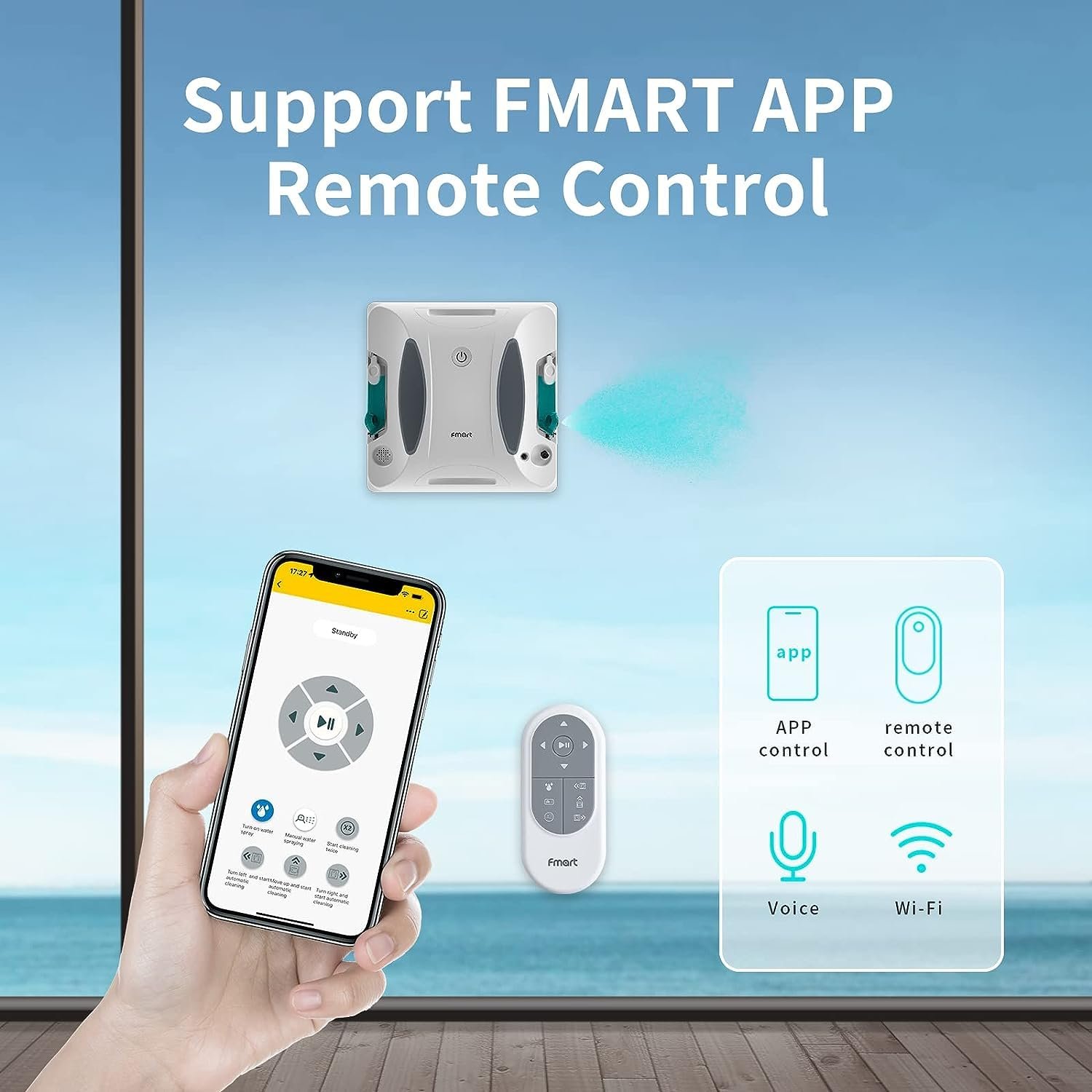 Робот для мойки окон Fmart W6 с ультразвуковым распылением и дистанционным управлением для внутренних и наружных высотных окон и потолков, фото №2