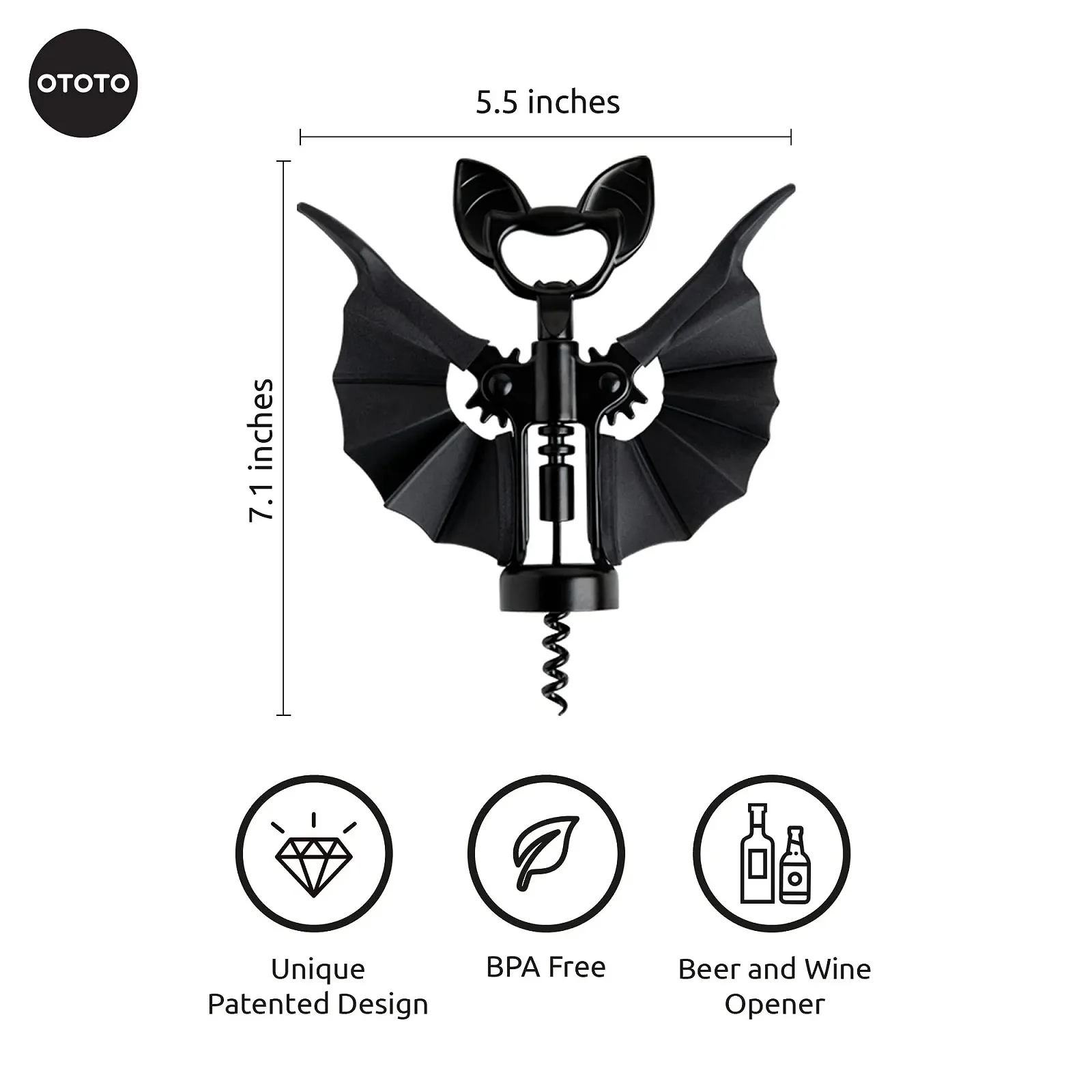 Штопор 2-в-1 OTOTO Vino Bat, Чорний, фото №2 Штопор 2-в-1 OTOTO Vino Bat, Чорний, фото №2