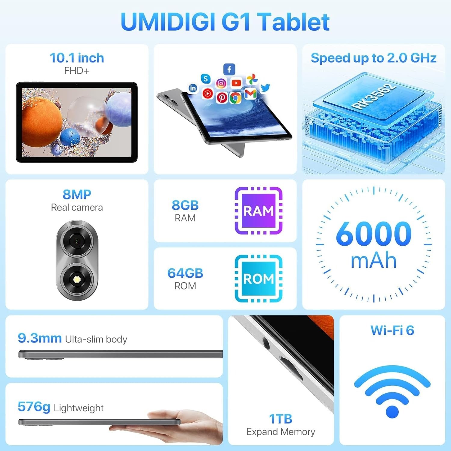 Планшет 10.1" Umidigi G1 Tab 4+4/64Gb 4 ядра Android 13 6000 mAh Сірий, фото №5 Планшет 10.1" Umidigi G1 Tab 4+4/64Gb 4 ядра Android 13 6000 mAh Сірий, фото №5