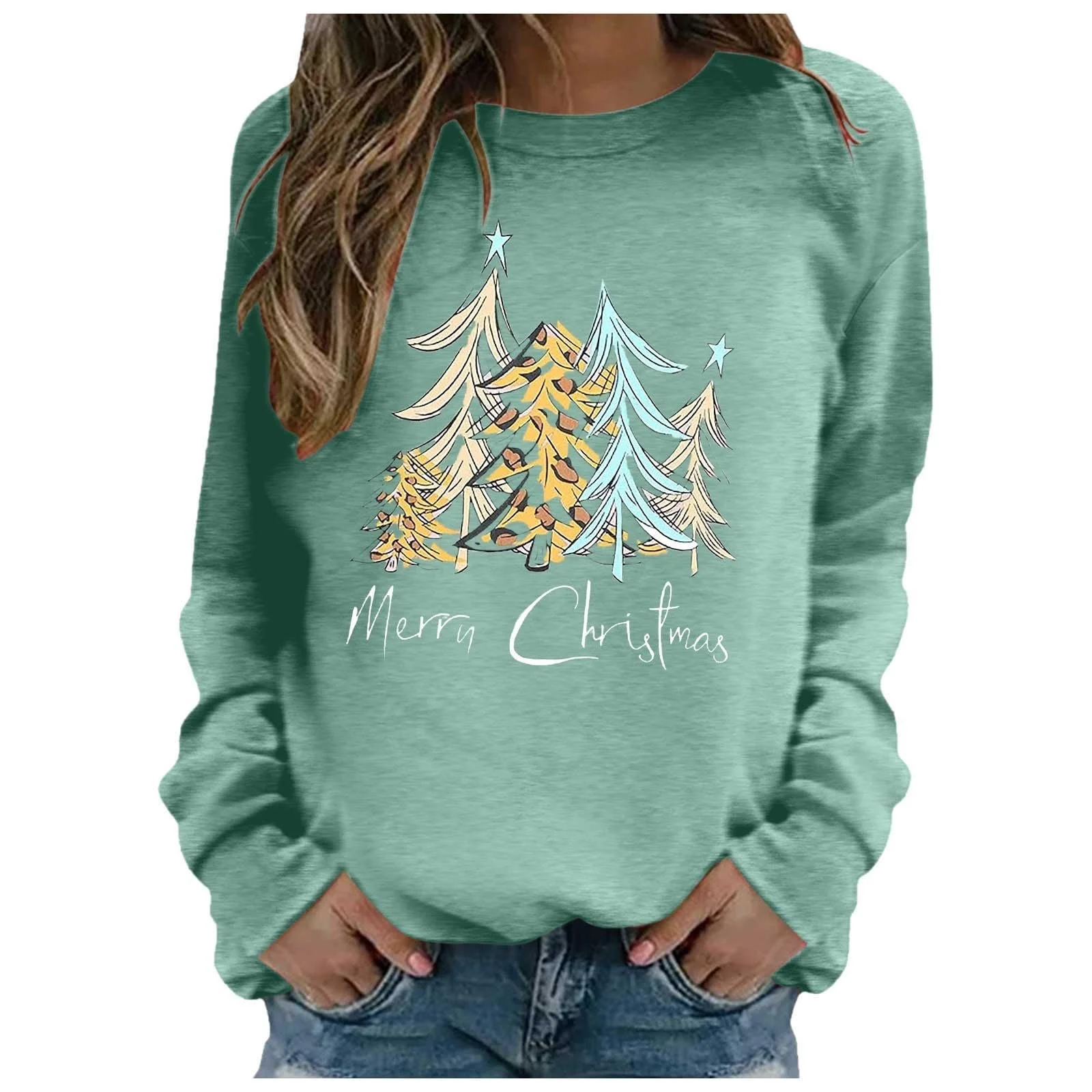 Лонгслив Женский Рождественский Свитер Merry Christmas Рождественская Толстовка без Капюшона с Длинным Рукавом Рождественский Верх Круглый Вырез для Женщин Девушек-Подростков, фото №1