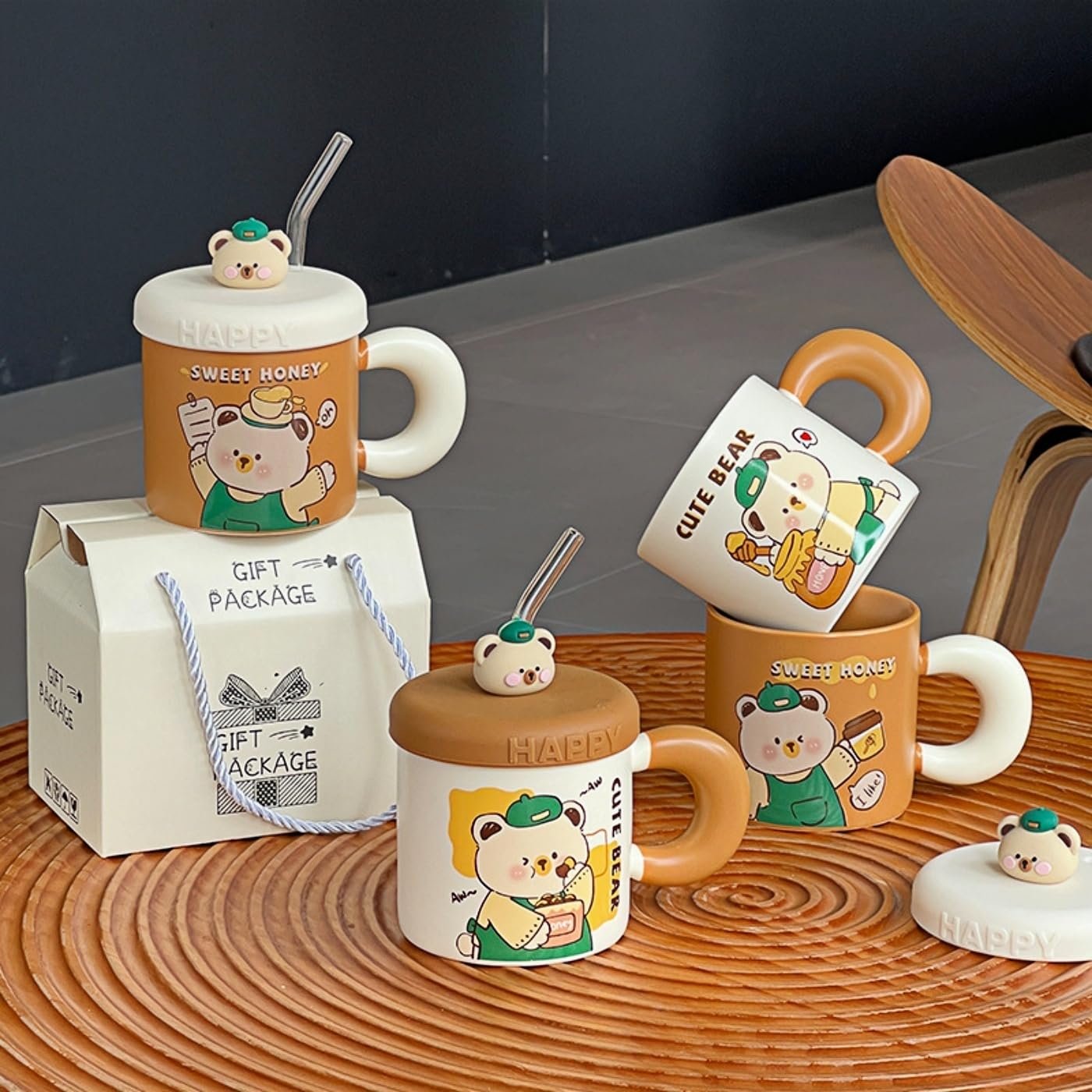 Чашка Японская 380 мл Керамическая Кружка с Мультяшным Медведем и Силиконовой Крышкой, Стеклянная Соломинка, Чашка для Молочных Десертов для Женщин и Детей - Коричневая - I Like, фото №3